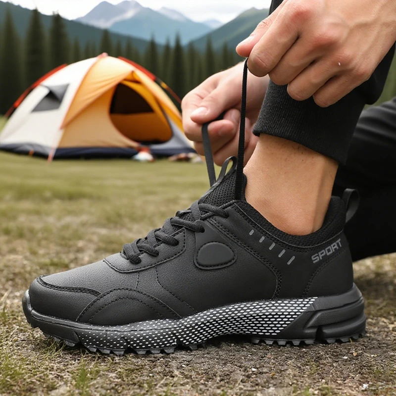 Männer Mehrzweck Turnschuhe Schwarz Leder Oberfläche Outdoor Explorationen Schuhe Neue Gepolsterte Mode Männer Schuhe Chaussure De Sport Image