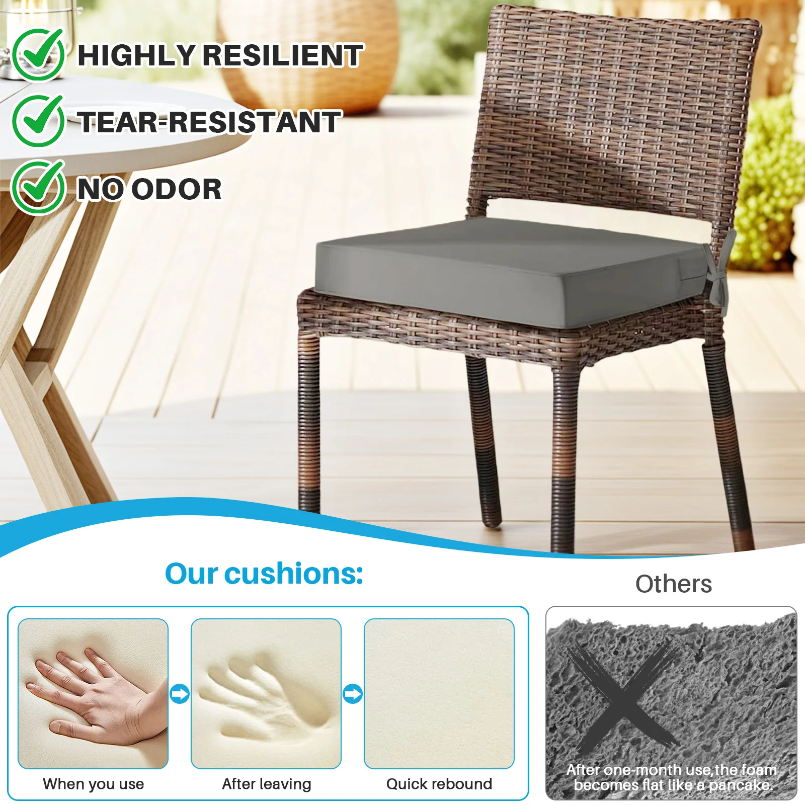 Outdoor-Sitzkissen für Stühle, wasserdichtes, quadratisches Terrassenstuhlkissen aus Memory-Schaum mit verstellbaren Bändern und tragbarem Griff Image