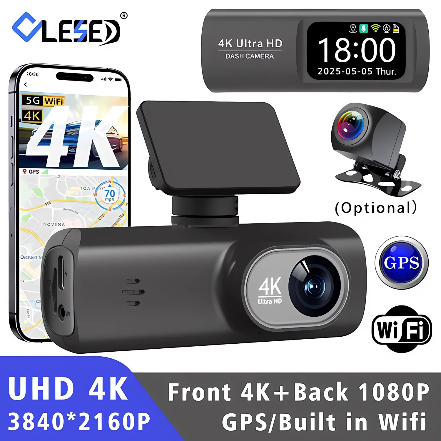 4K 2160P Dash Cam GPS WiFi Auto DVR Mini Dual Lens Dashcm Vorne Und Hinten Auto Kamera mit Nachtsicht 24H Parkplatz Monitor Image