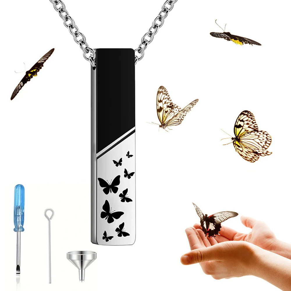 Einäscherung Schmuck Gothic Bar Schmetterling Anhänger Halskette Würfel Quader Halskette Mode Andenken Schmuck Geschenk für Männer Frauen Image