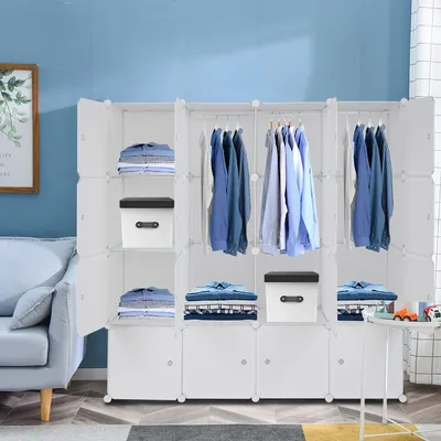 4-layer 16 Cube Organizer Stackable Plastic Cube Storage, Plastic + Steel Wire with 3 Clothes Rails, Free to Assemble, White