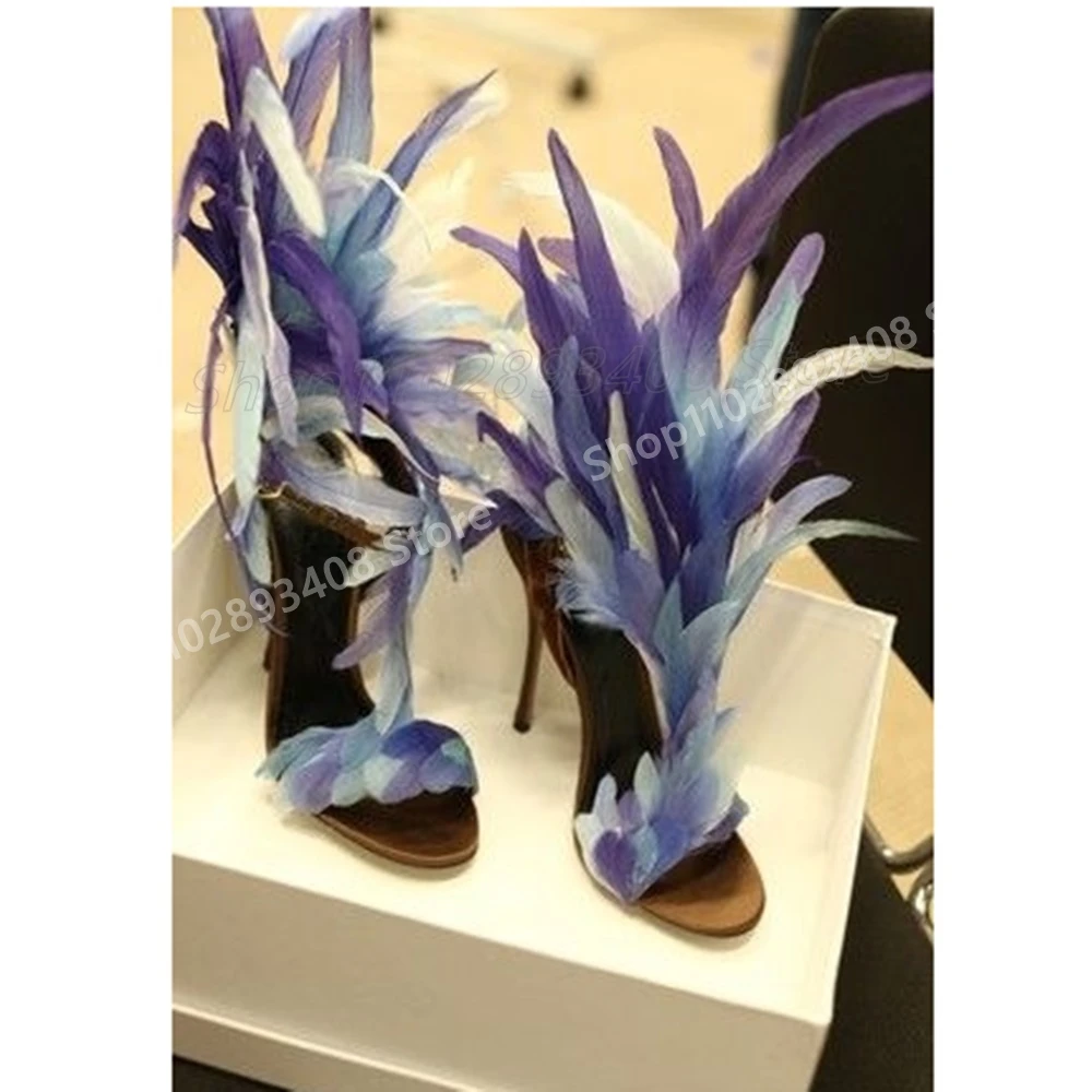 Mutilcolor Feather Decor Runway Sandals Open Toe Stiletto High Heel Hot Girls Fashion 2025 New Women Shoes Summer Para Mujere