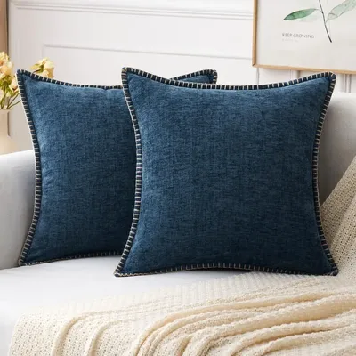 Blauer Chenille Kissen bezug 45x45cm solide Luxus Kissen bezug für Sofa Wohnzimmer quadratisches Samt Lenden kissen mit genähter Kante Image