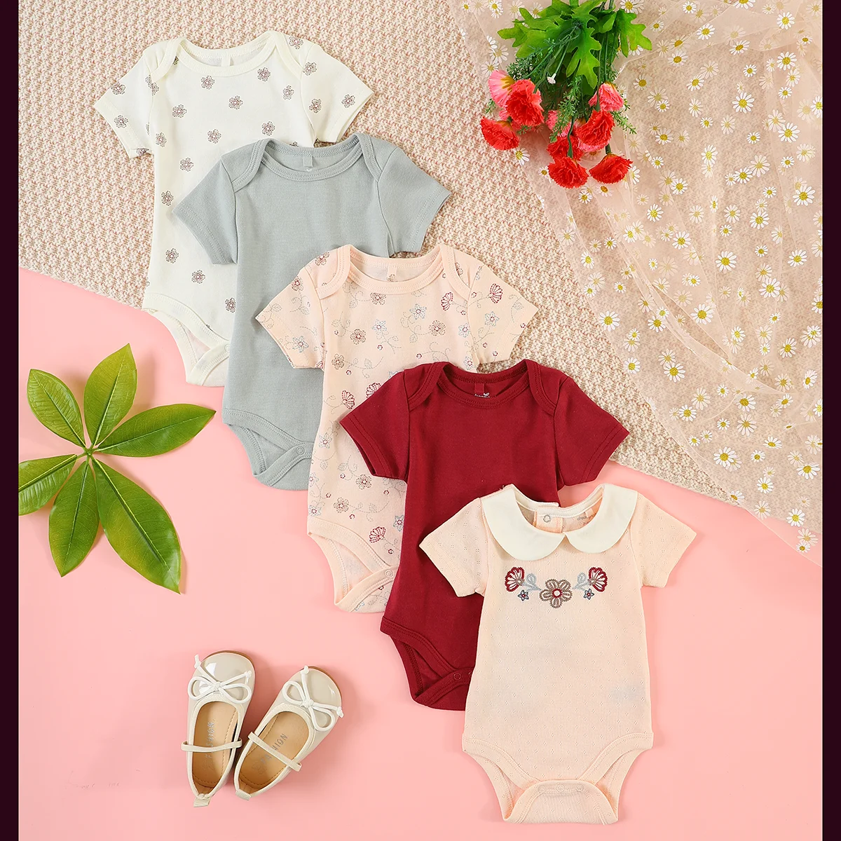 Baby-Kleidung, 5 Stück, Baby-Einteiler, Neugeborene, Sommer-Overall mit kurzen Ärmeln, geeignet für 0–9 Monate Image