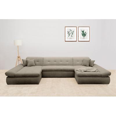 Wohnlandschaft DOMO COLLECTION "Moric wahlweise mit Bettfunktion und Armteilverstellung, XXL", braun (schlamm), B:386cm H:80cm T:172cm, 100% Polyester, Sofas, U-Form, beidseitig mit Recamiere, incl. Zierkissen, Cord-Bezug Image