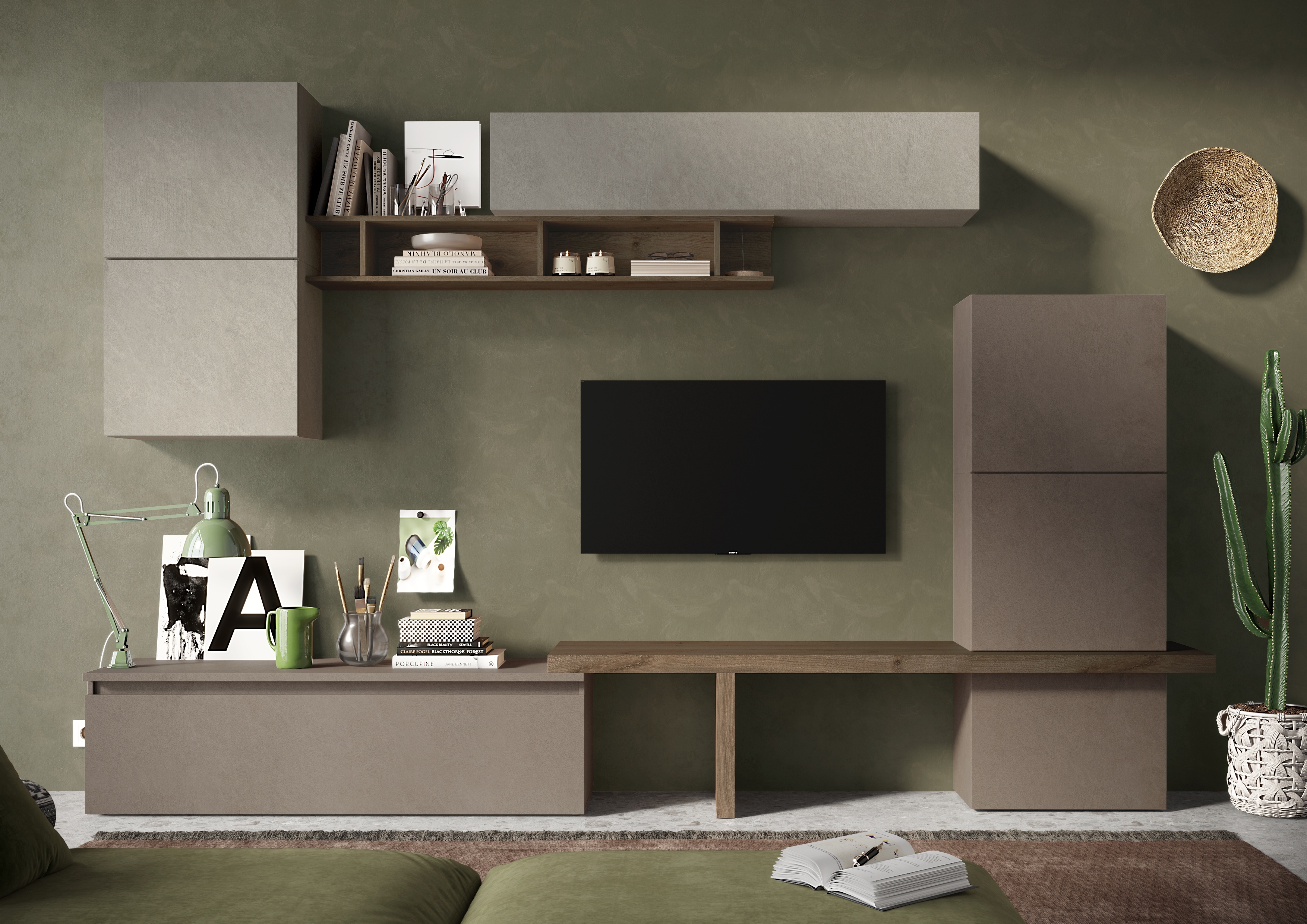 Wohnwand INOSIGN "Infinity, 9tlg. Breite 290 cm, Höhe variabel, Schrankwand (Lowboard", braun (lehmfarben (argilla), bronzo, mercure nb holzstruktur), B:290cm H:195cm T:40cm, Holzwerkstoff, Kastenmöbel-Sets, Wohnwand, T-Boden, 4x Hängewürfel,...