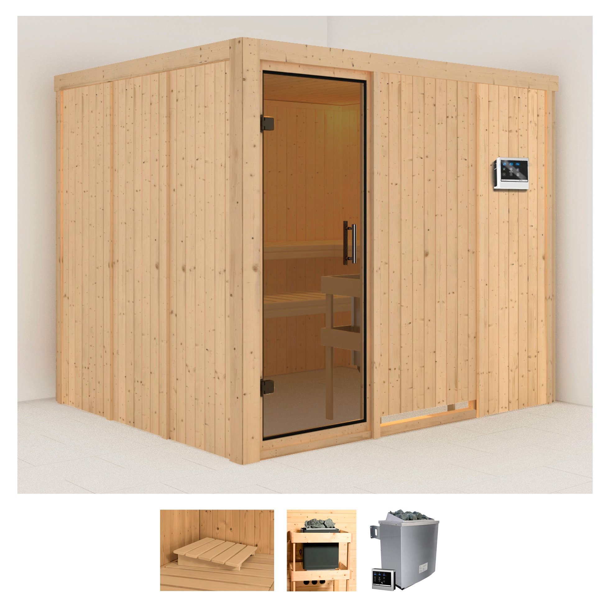 Sauna KARIBU "Gitte", beige (naturbelassen), Saunaofen, externe Steuerung, 9 kW, Saunen, Ofen 9 KW externe Strg easy