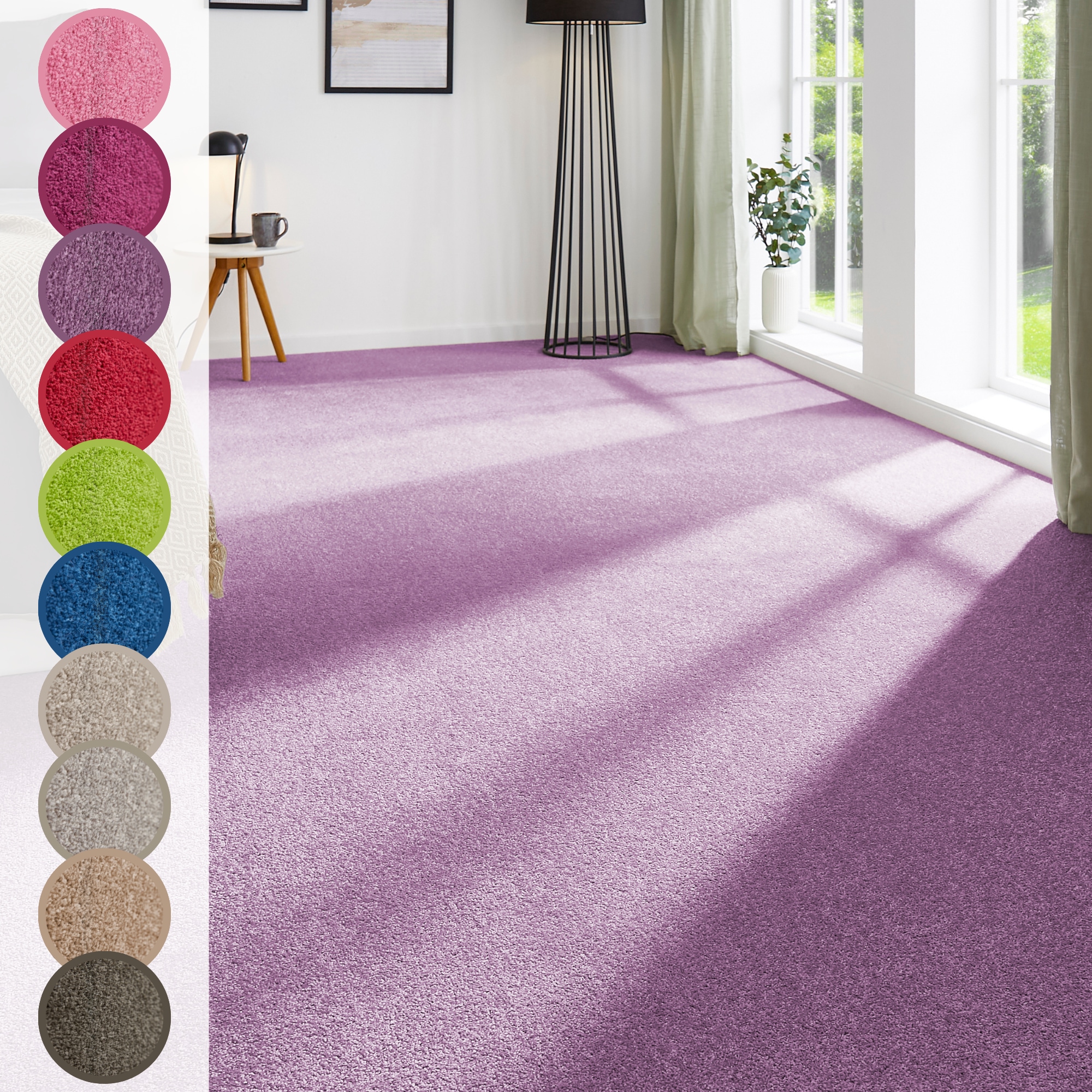 Teppichboden ANDIAMO "Ines, Kräuselvelours, Made in Netherlands", lila (dunkellila), B:400cm H:8,5mm L:500cm, Kunstfaser, Teppiche, Uni Farben, Breite 400 cm, strapazierfähig & pflegeleicht