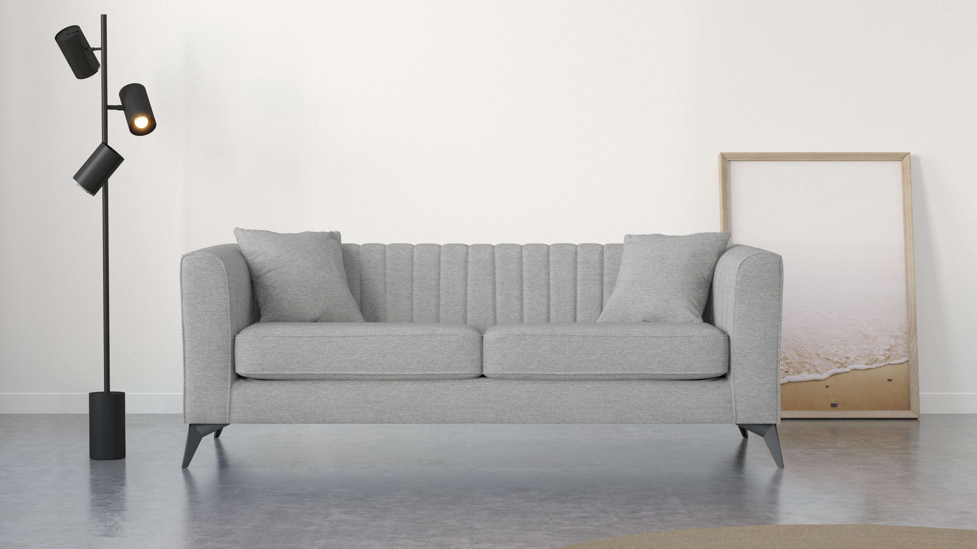 3-Sitzer PLACES OF STYLE "MATTHEW elegantes Designsofa, Maße B/T/H: 201/86/74 cm", grau (hellgrau), B:201cm H:74cm T:86cm, 100% Polyester, Sofas, feine Steppung im Rückenbereich, lose Sitzkissen, incl. Zierkissen