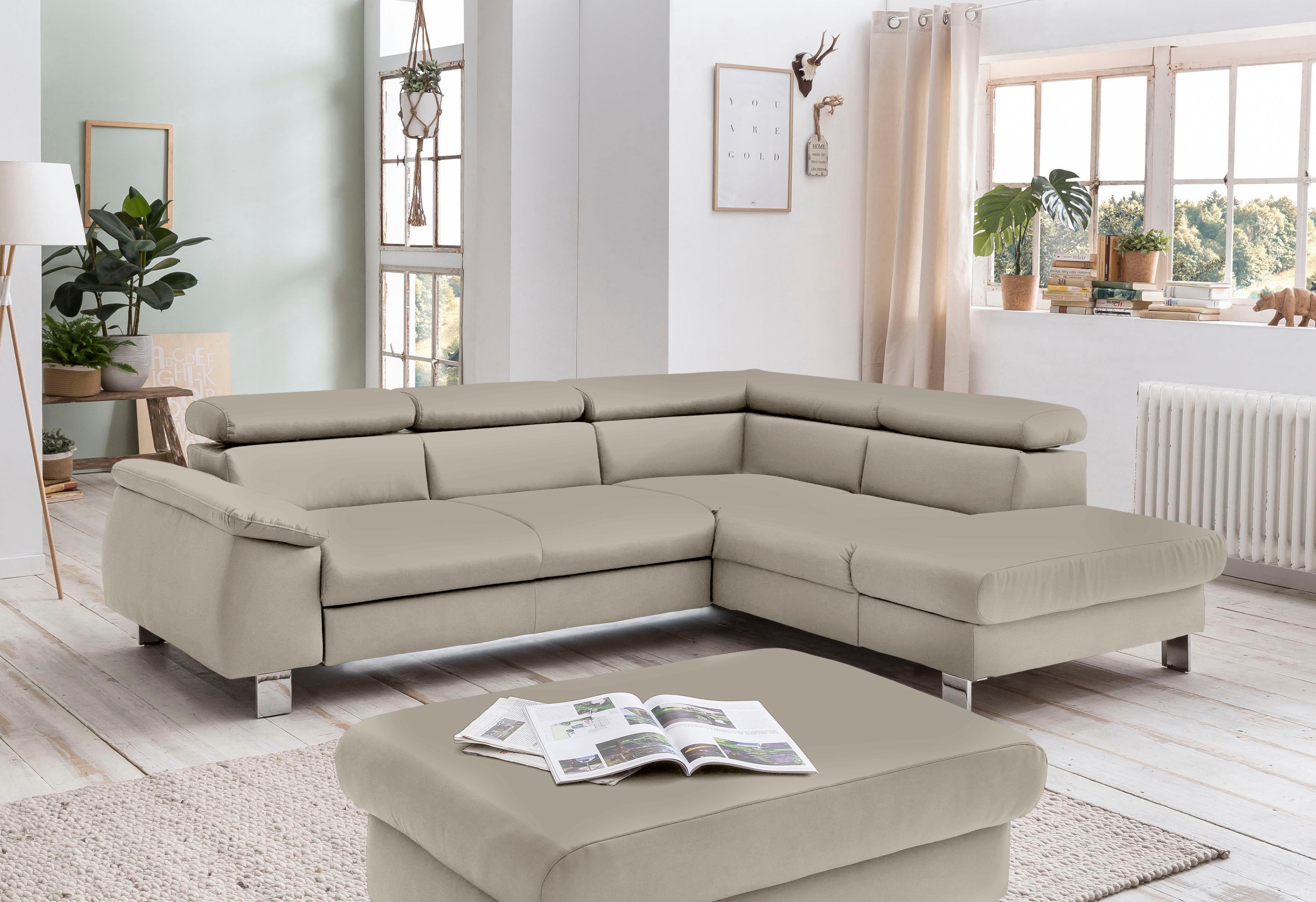 Ecksofa COTTA "Komaris L-Form, B: 249 cm", grau, B:249cm H:72cm, Microfaser PRIMABELLE (100% Polyester);Kunstleder SOFTLUX;Feinstruktur (100% Polyester);Kunstleder SOFTLUX/Struktur (100% Polyester);NaturLEDER, Sofas, mit Kopfteilverstellung,... Image