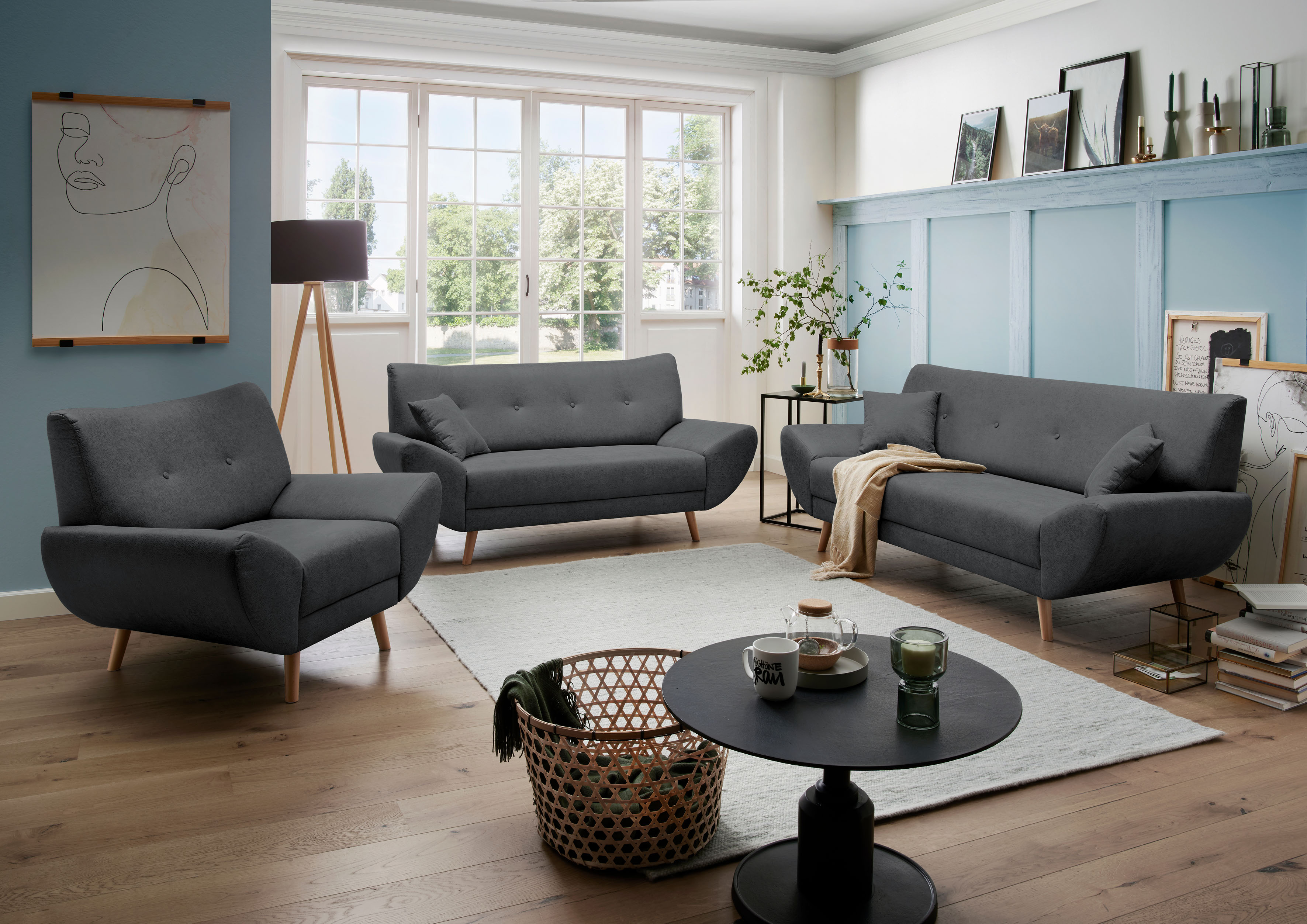 Polstergarnitur HOME AFFAIRE "Basta", schwarz (schwarz,), H:80cm T:82cm, 100% PES (Polyester), Sitzmöbel-Sets, Komfortable Wellenunterfederung