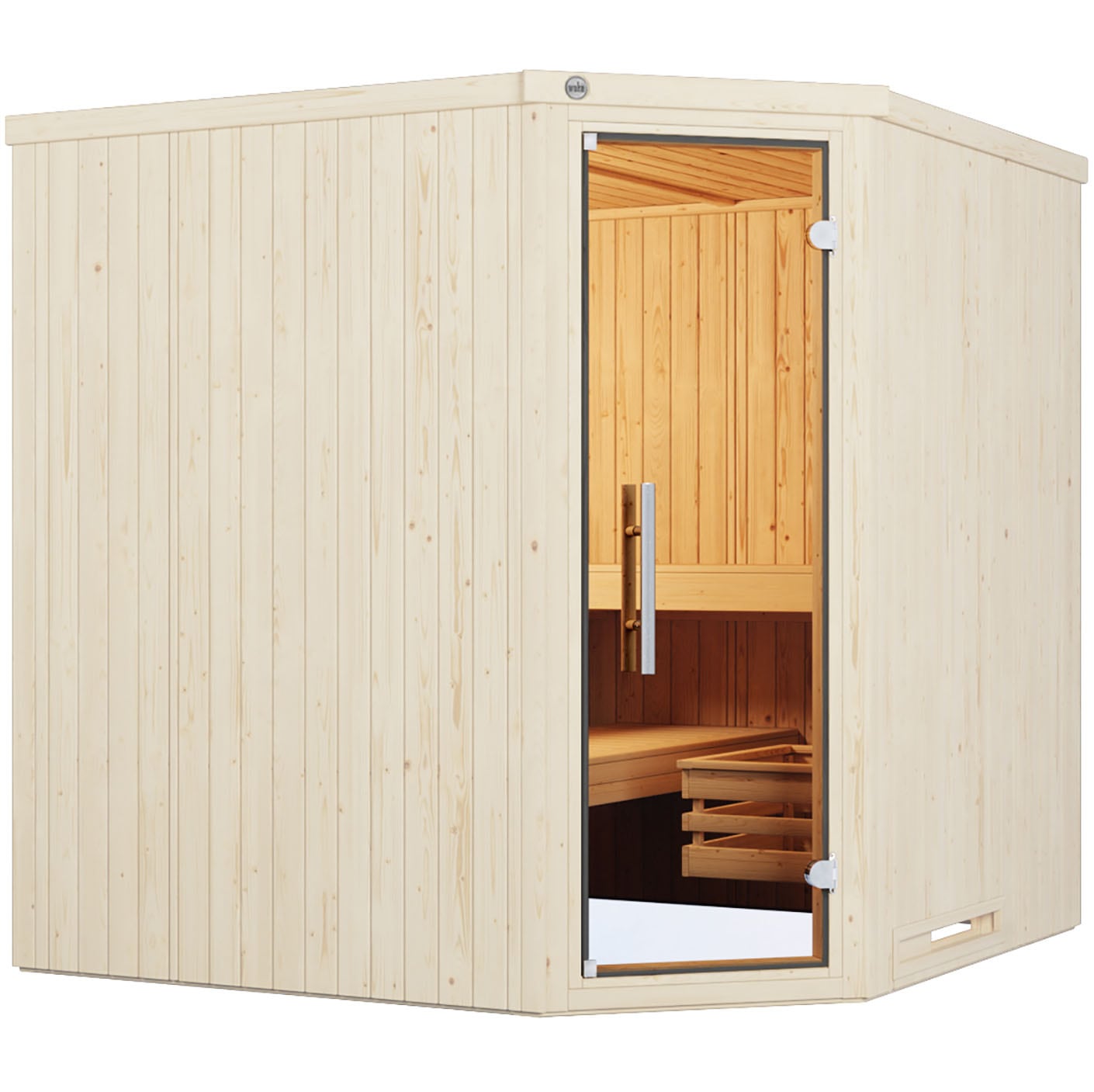 Sauna WEKA "Element-Ecksauna VARBERG 3", weiß, ohne Ofen, ohne Steuerung, (ohne Ofen), Saunen, vorgefertigte Elemente, moderne Ganzglastür