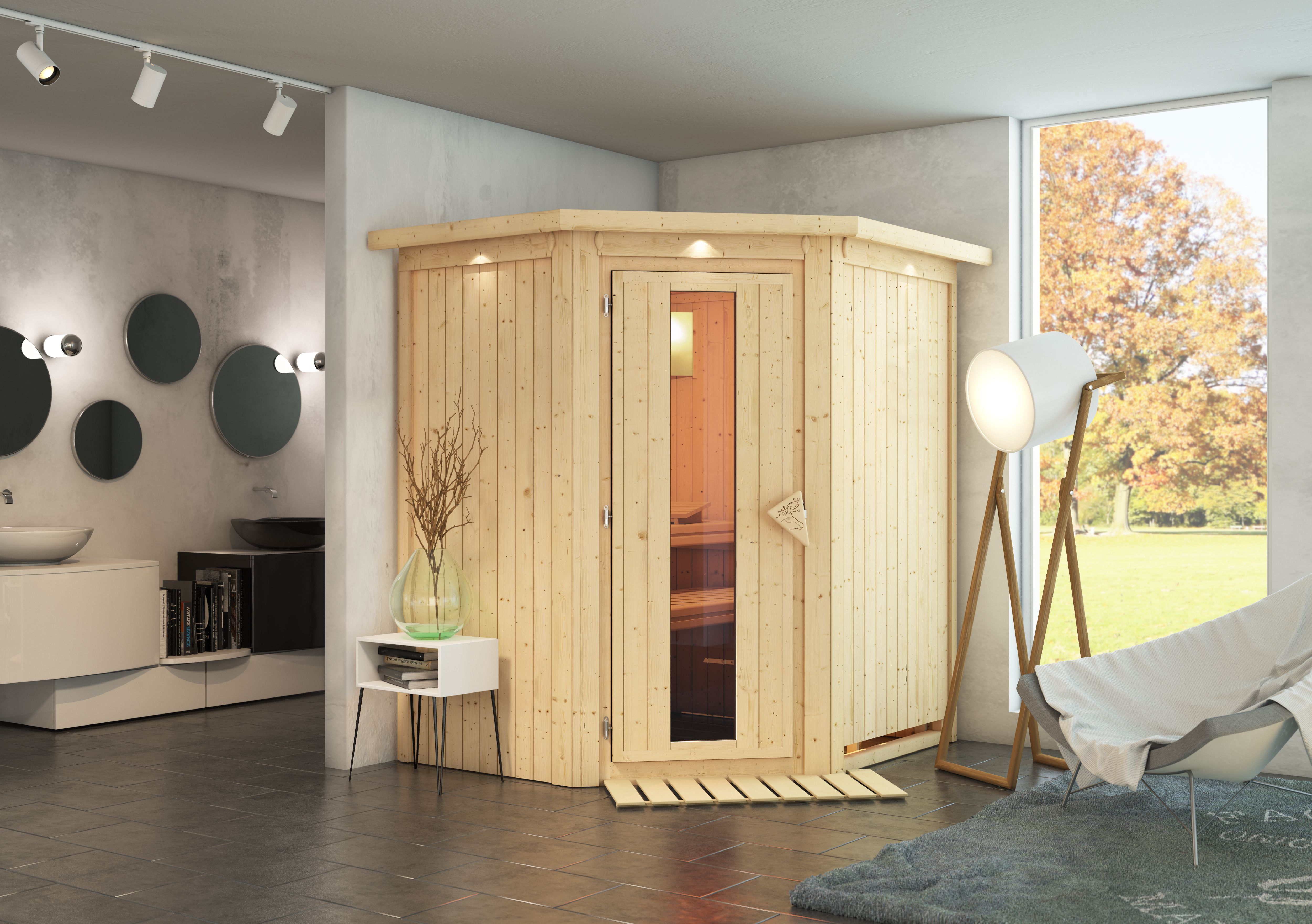 Sauna KARIBU "»Liyah« mit Energiespartür Kranz naturbelassen", beige (naturbelassen), ohne Ofen, ohne Steuerung, (ohne Ofen), Saunen, in verschiedenen Ausführungen erhältlich Image