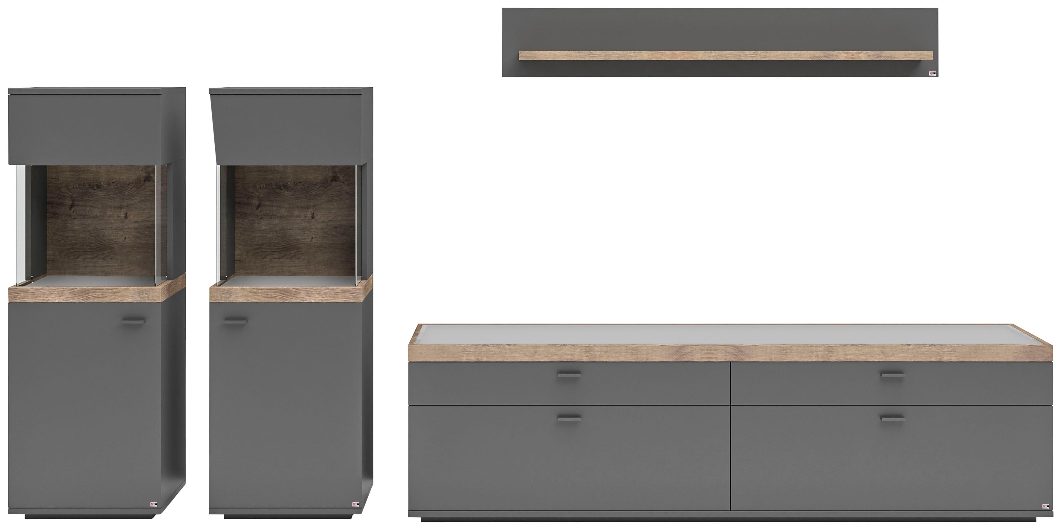 Wohnwand "Lancaster", grau (grau mit eiche ribbeck cognac), B:330,2cm H:170cm T:43,6cm, SET ONE BY MUSTERRING, Kastenmöbel-Sets, 4-teilig mit Fronten in weiß oder grau, Breite ca.330cm