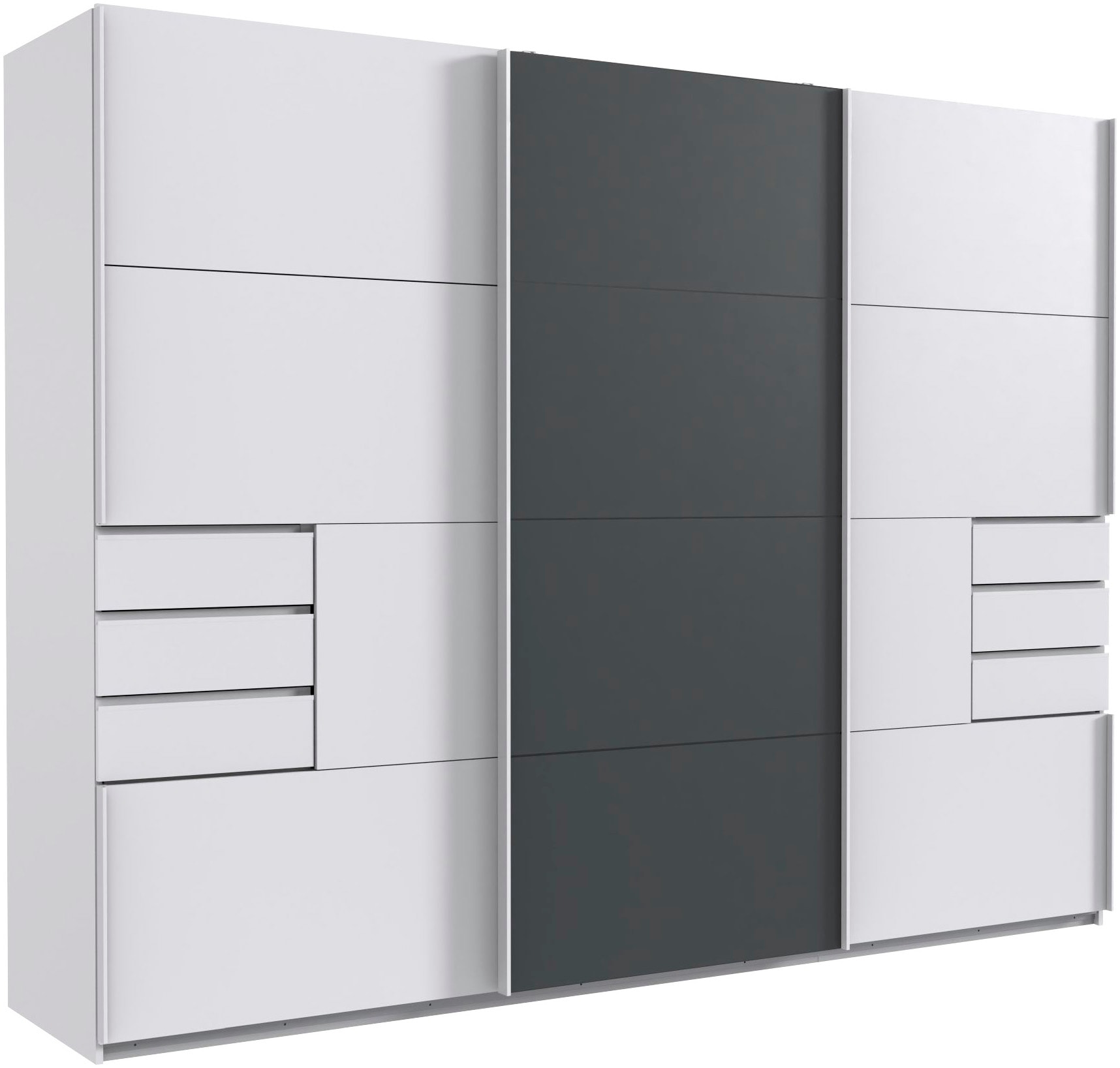 Schwebetürenschrank WIMEX "Saigon, mit kompletter Innenausstattung, Made in Germany", weiß (weiß, durchgängige tür graphit), B:270cm H:208cm T:64cm, Spanplatte, Schränke, Schwebetürenschrank, Kleiderschrank 3-türig, 270cm breit, mit 6 praktischen...