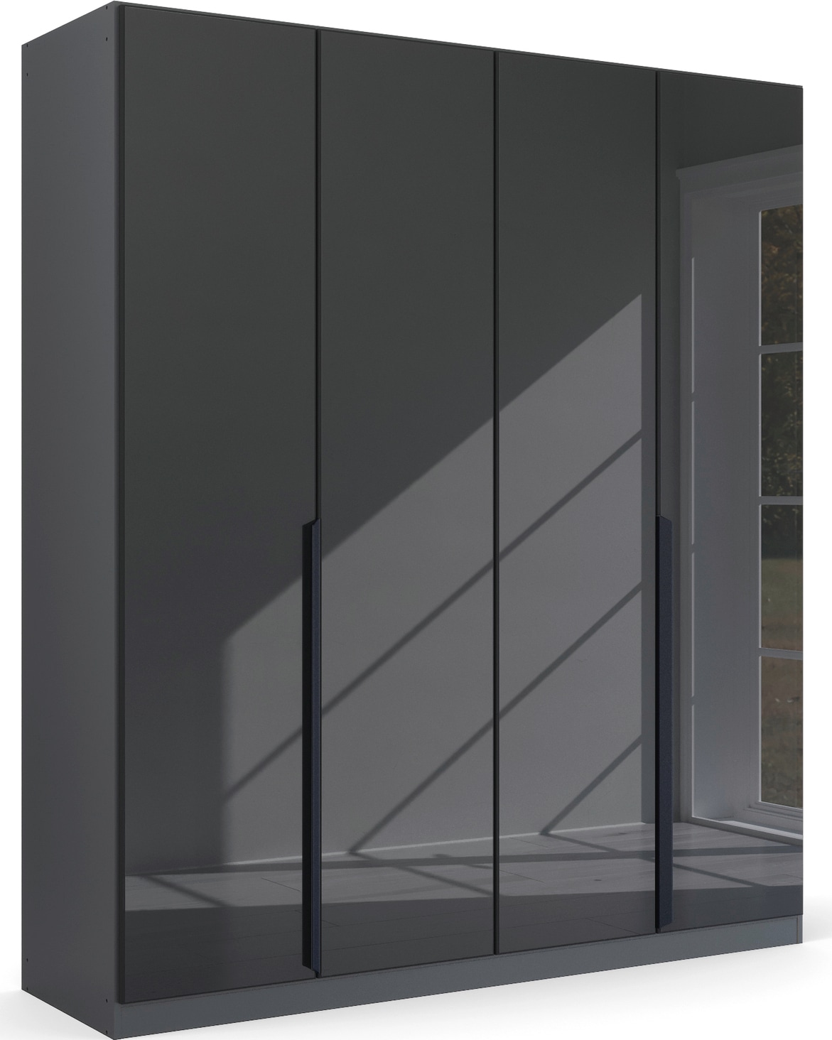 Drehtürenschrank RAUCH "Kleiderschrank Schrank Garderobe Ankleide MODERN BY QUADRA SPIN", grau (graumetallic, glas basalt), B:181cm H:210cm T:54cm, Holzwerkstoff, Schränke, Drehtürenschrank, mit hochwertiger Glasfront und Stangengriff MADE IN GERMANY Image