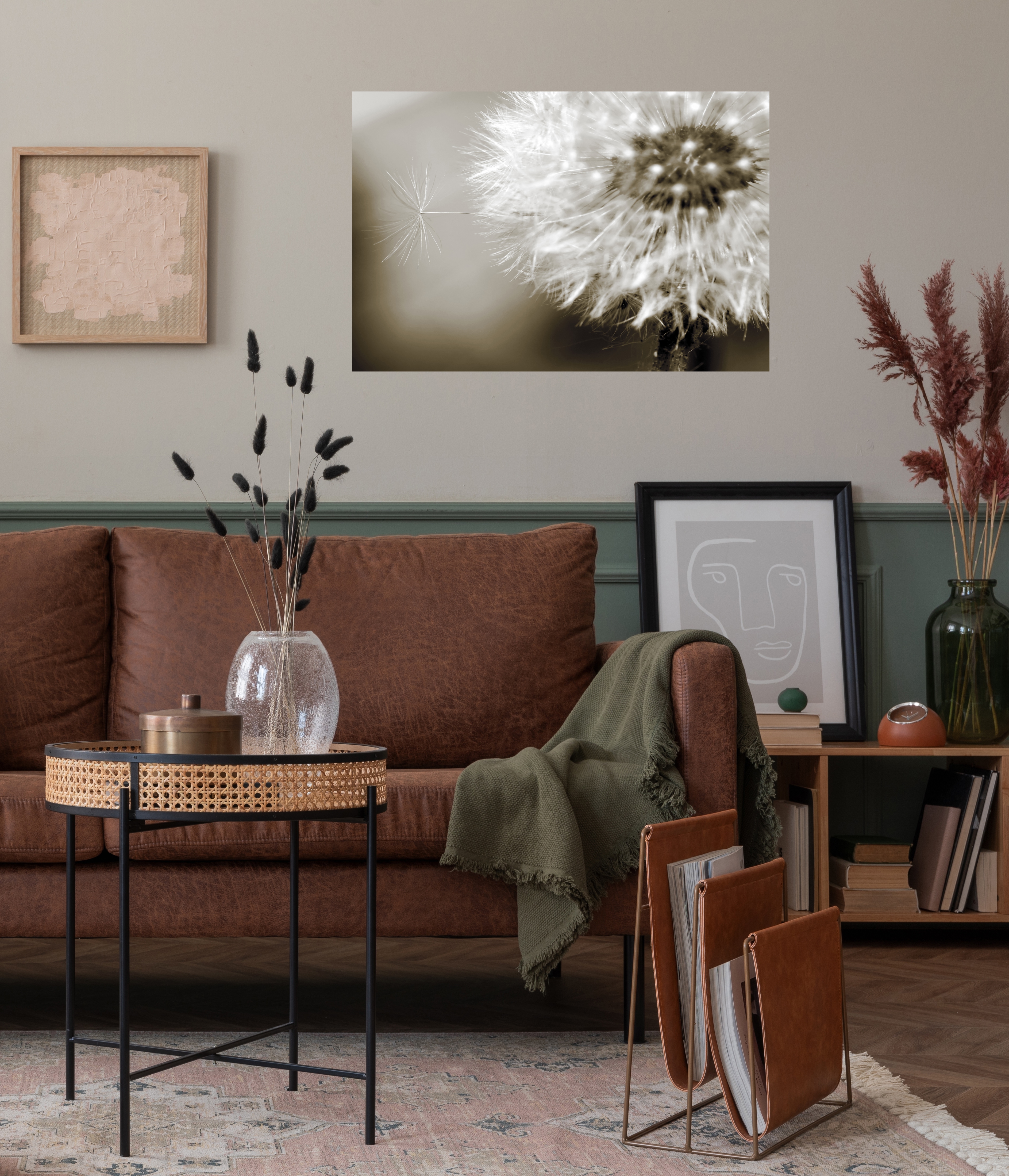 Wandsticker QUEENCE "Lena", braun (sepia), B:150cm H:90cm T:0,1cm, Folie, Wandtattoos, Selbstklebend, kinderleichte Anbringung, Pusteblume, Sticker, beige