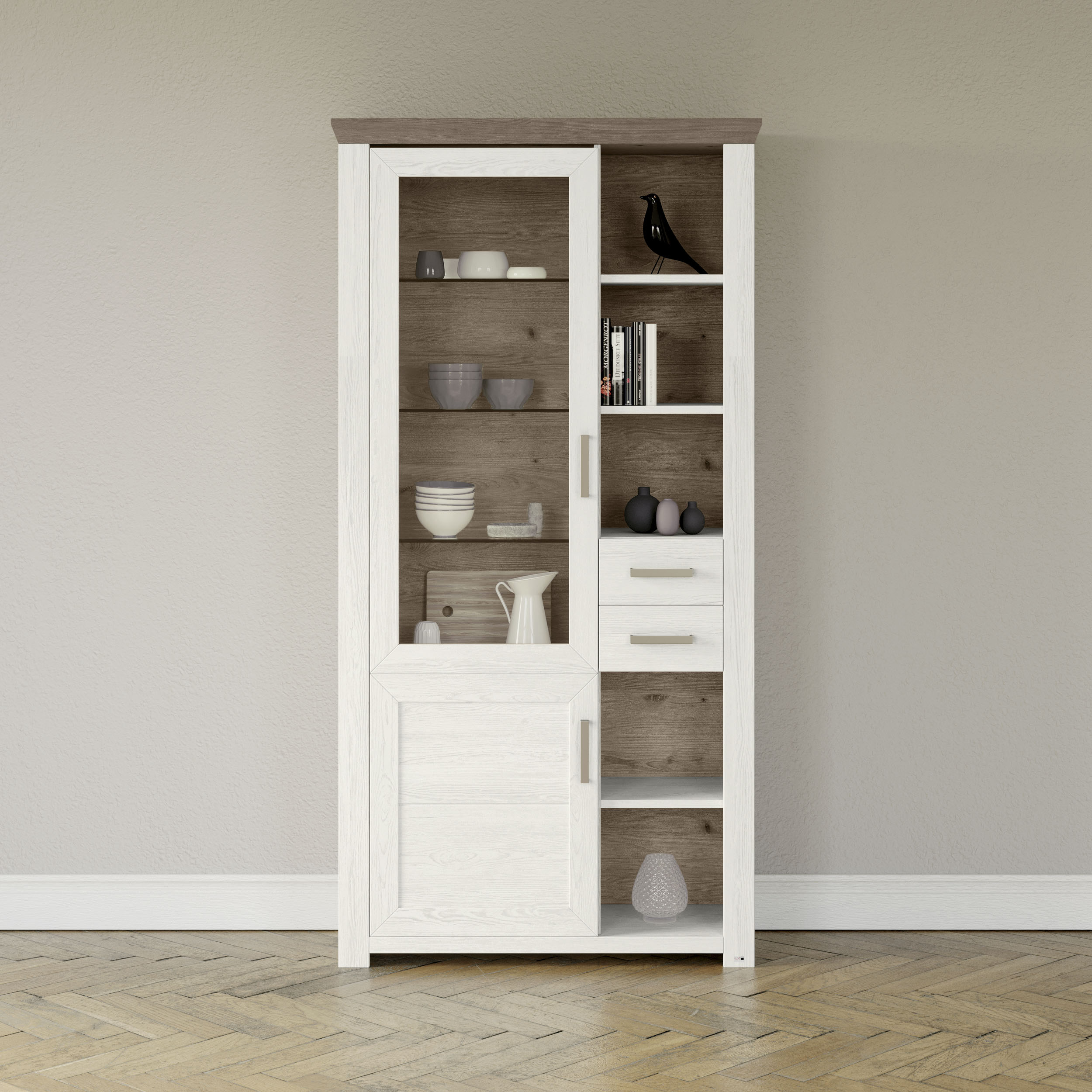 Standvitrine "York", weiß (weiß, eiche hell), B:105cm H:207cm T:42cm, MDF, SET ONE BY MUSTERRING, Schränke, Typ 05 und 06, mit Glastür, Beleuchtung optional, Höhe 207 cm Image