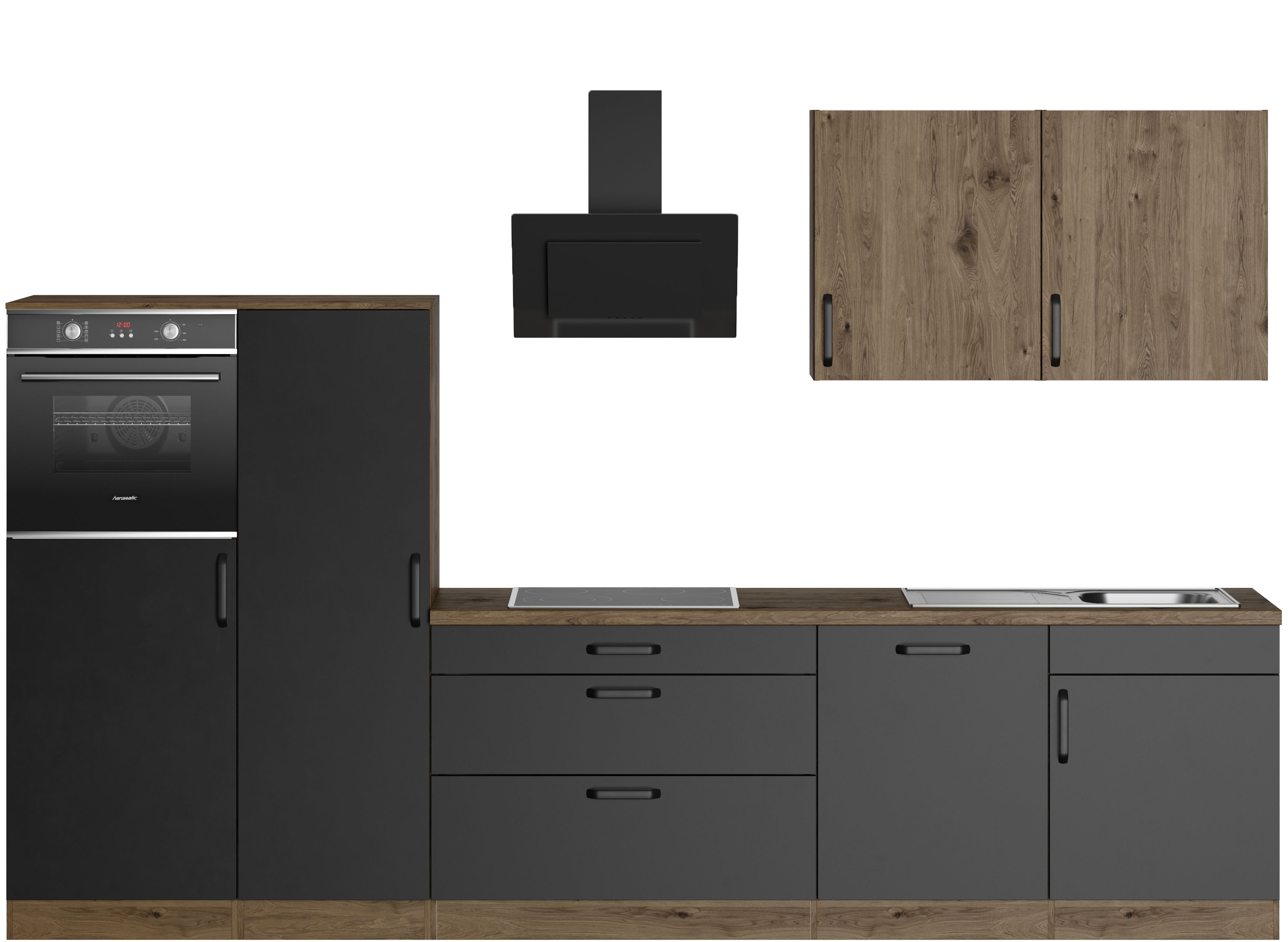 Küchenzeile WIHO KÜCHEN "Elba, TOPSELLER", schwarz (küche: schwarz, korpus: halifax eichefarben braun, arbeitsplatte: halifax eichefarben braun), B:330cm T:60cm, Komplettküchen-Sets, Küchenzeile, wahlweise mit Hanseatic E-Geräten, Breite 330 cm Image