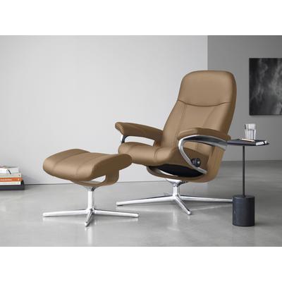Relaxsessel STRESSLESS "Consul", braun (almond paloma), B:82cm H:102cm T:72cm, Leder PALOMA: PALOMA ist ein durchgefärbtes Semianilin-Möbelleder mit natürlicher Narbung., Sessel, mit Hocker, mit Cross Base, Größe S, M & L, Holzakzent Eiche Image