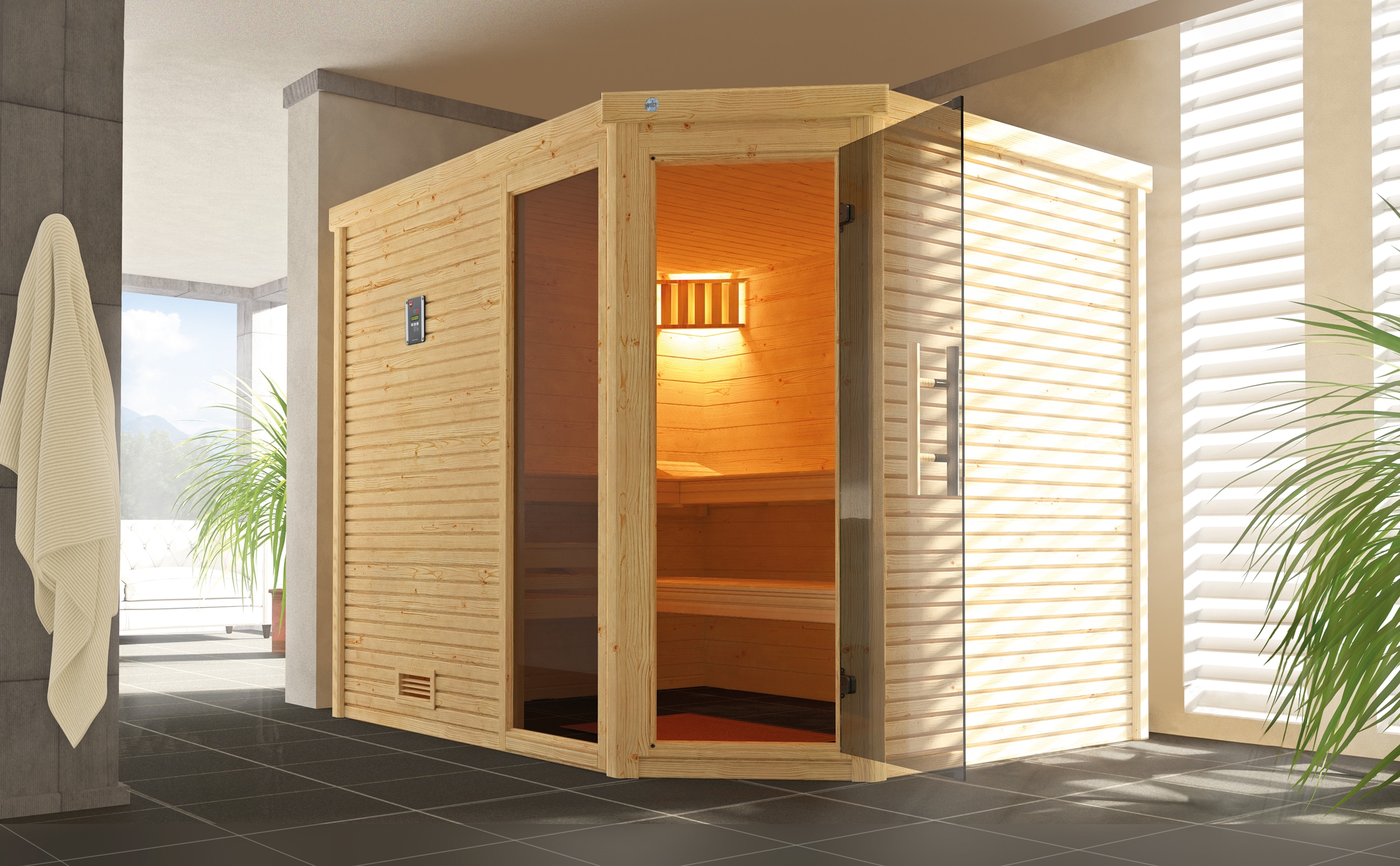 Sauna WEKA "Design-Sauna CUBILIS 3", beige (natur), Saunaofen, externe Steuerung, 9 kW, Saunen, Blockbohlen im wekaLine-Profil