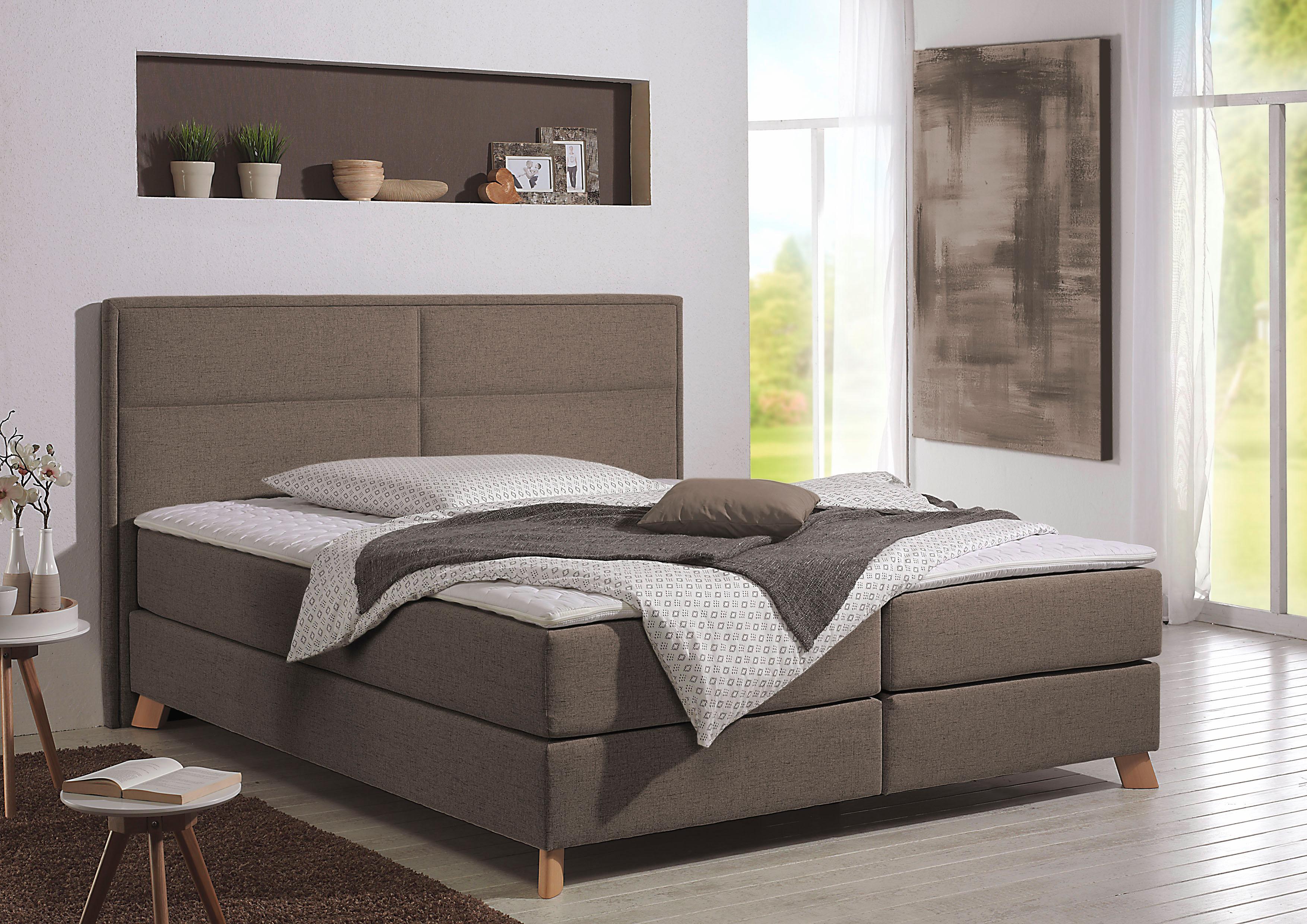 Boxspringbett HOME AFFAIRE "Caria", braun (hellbraun), B:151cm L:209cm, Strukturstoff-Bezug (100% Polyester);Topperbezug 100% Polyester, Komplettbetten, Boxspringbett, in 5 Breiten, 3 Matratzen-Ausführungen, 2 Härtegraden, Topper Image