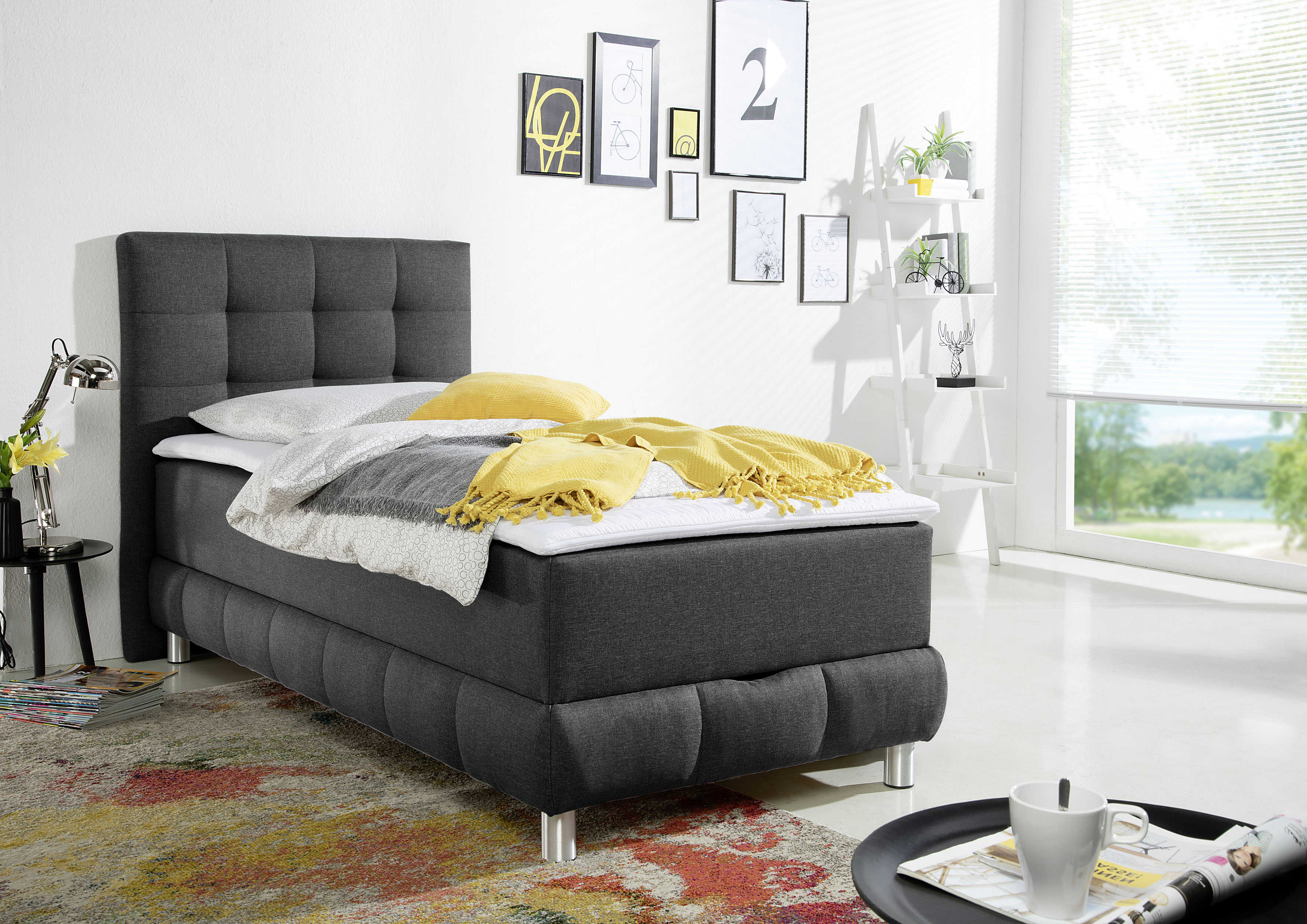 Boxbett INOSIGN "Vaasa", grau (anthrazit), B:104cm L:210cm, Komplettbetten, inkl. Bettkasten & Topper, XXL-Ausführung, Überlänge 220 cm Image