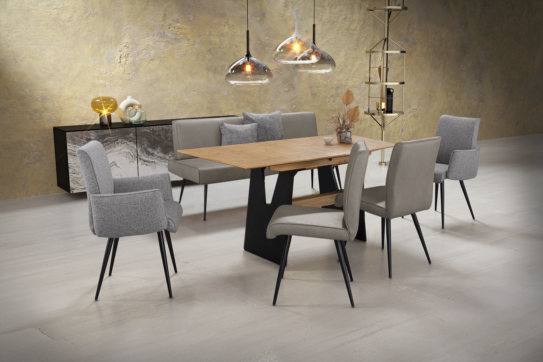 Essgruppe K+W KOMFORT & WOHNEN "Giacomo I", grau (stahl, lightgrau,), Flachgewebe 775 Leder CLOUD, Synchron-Auszug, Länge Esstisch: 160cm,Länge Esstischmaximal: 200cm,Breite/Sitzbreite Bank: 177cm, Sitzmöbel-Sets, 2 Stühle und Bank, 2...