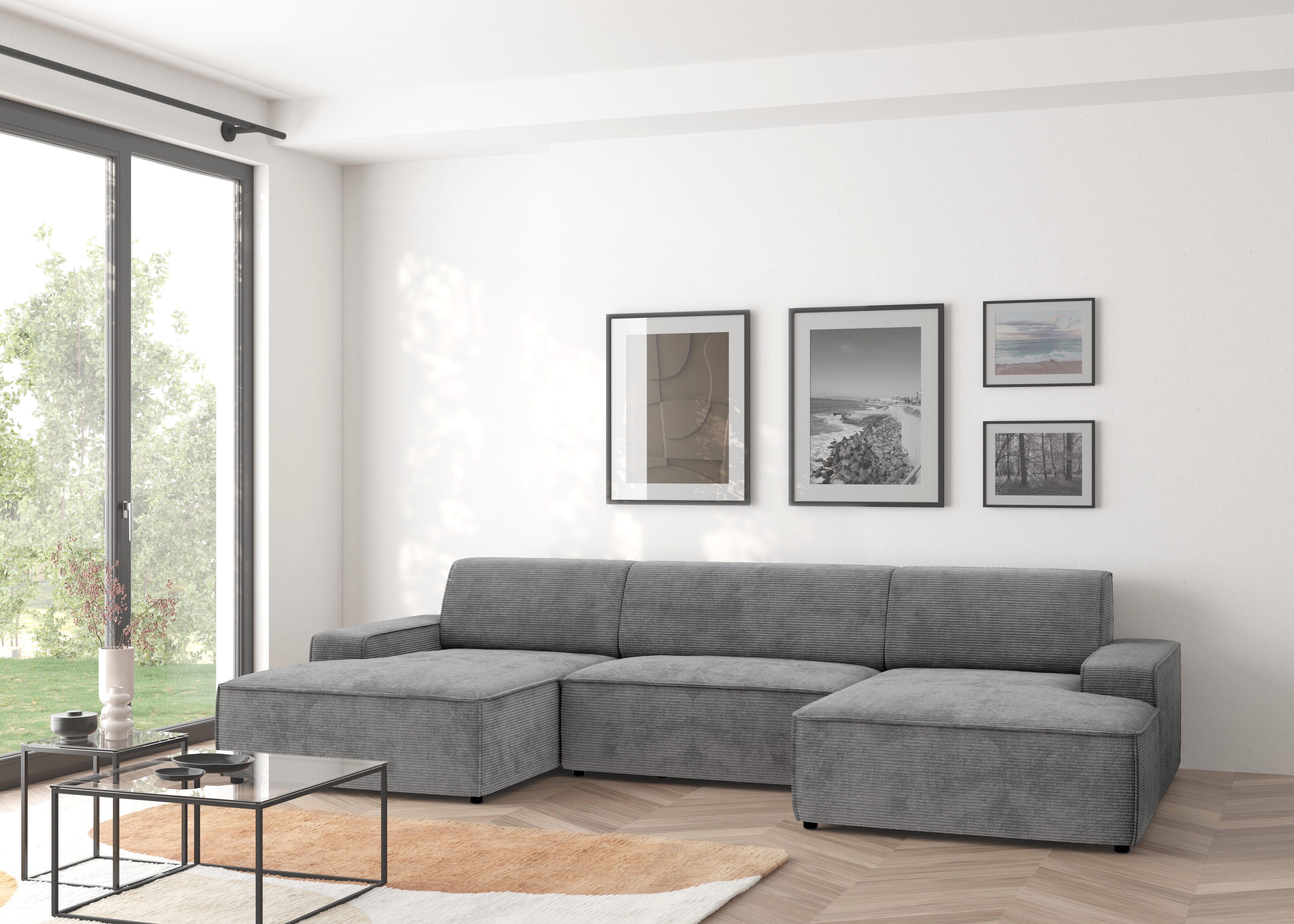 Wohnlandschaft TRENDMANUFAKTUR "Graz, wahlweise mit Sitzvorschub und Bettkasten, U-Form, Breite 329 cm", blau (betongrau), B:329cm H:73cm T:162cm, 92% Polyester, 8% Polyamid, Sofas, Wohnlandschaft, in Cord-, haustierfreundlichem LEO Struktur- oder...