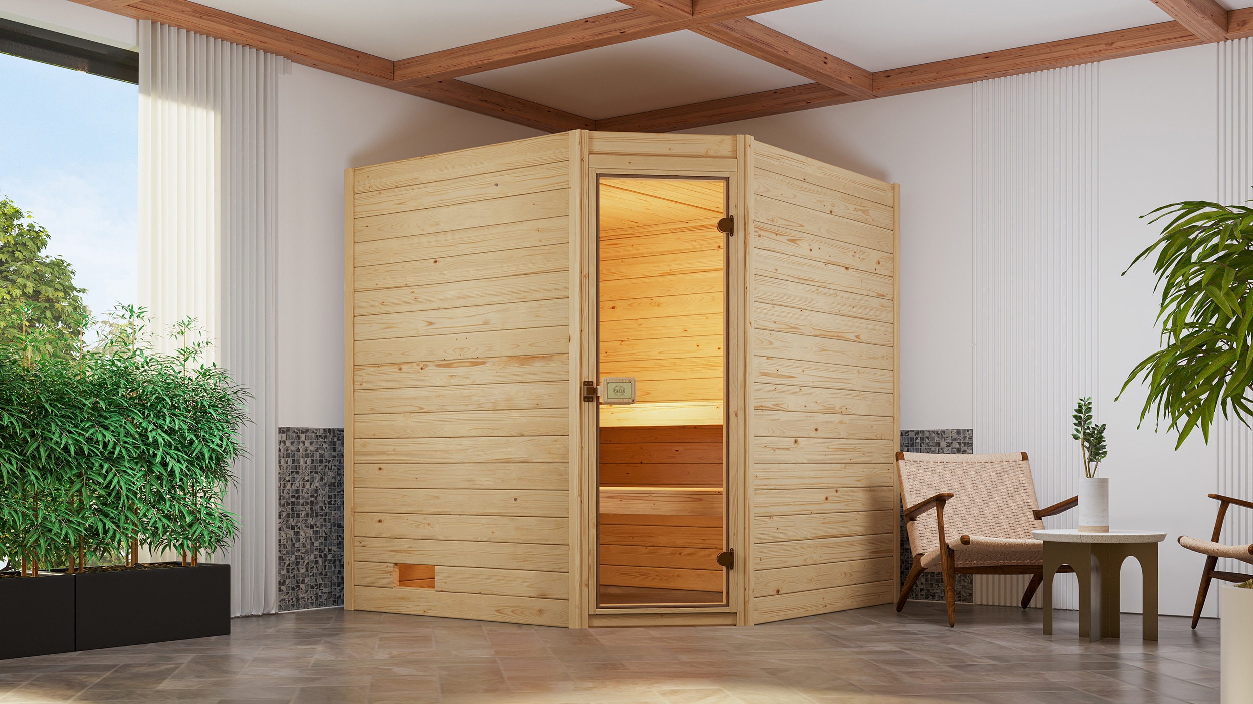 Sauna WEKA "Massivholzsauna VALIDA Eck 2", beige (natur), Bio-Ofen, externe Steuerung, 7,5 kW, Saunen, Blockbohlen, Eckeinstieg, moderne Ganzglastür
