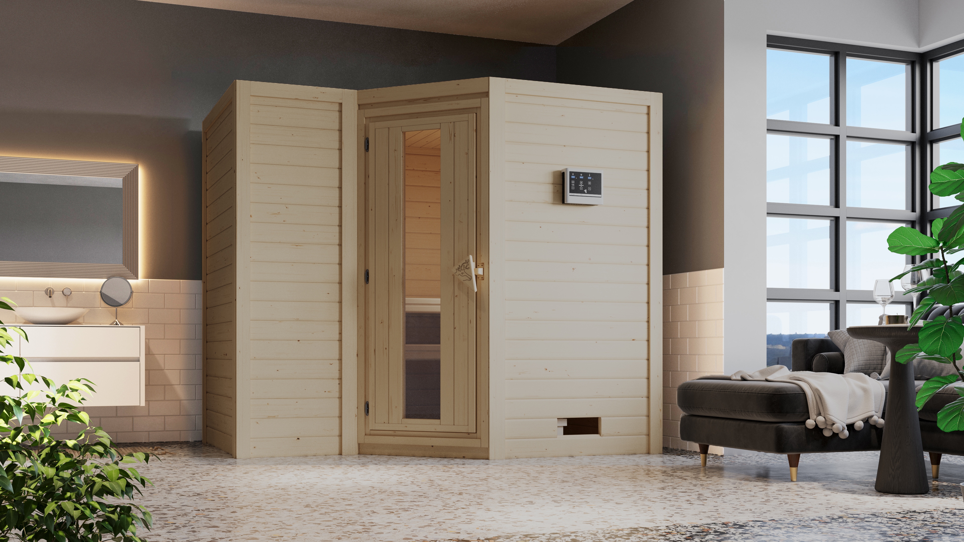 Sauna KARIBU "Sanna 2", beige (naturbelassen), Bio-Kombiofen, externe Steuerung, 9 kW, Saunen, 9-kW-Bio-Ofen mit externer Steuerung Image
