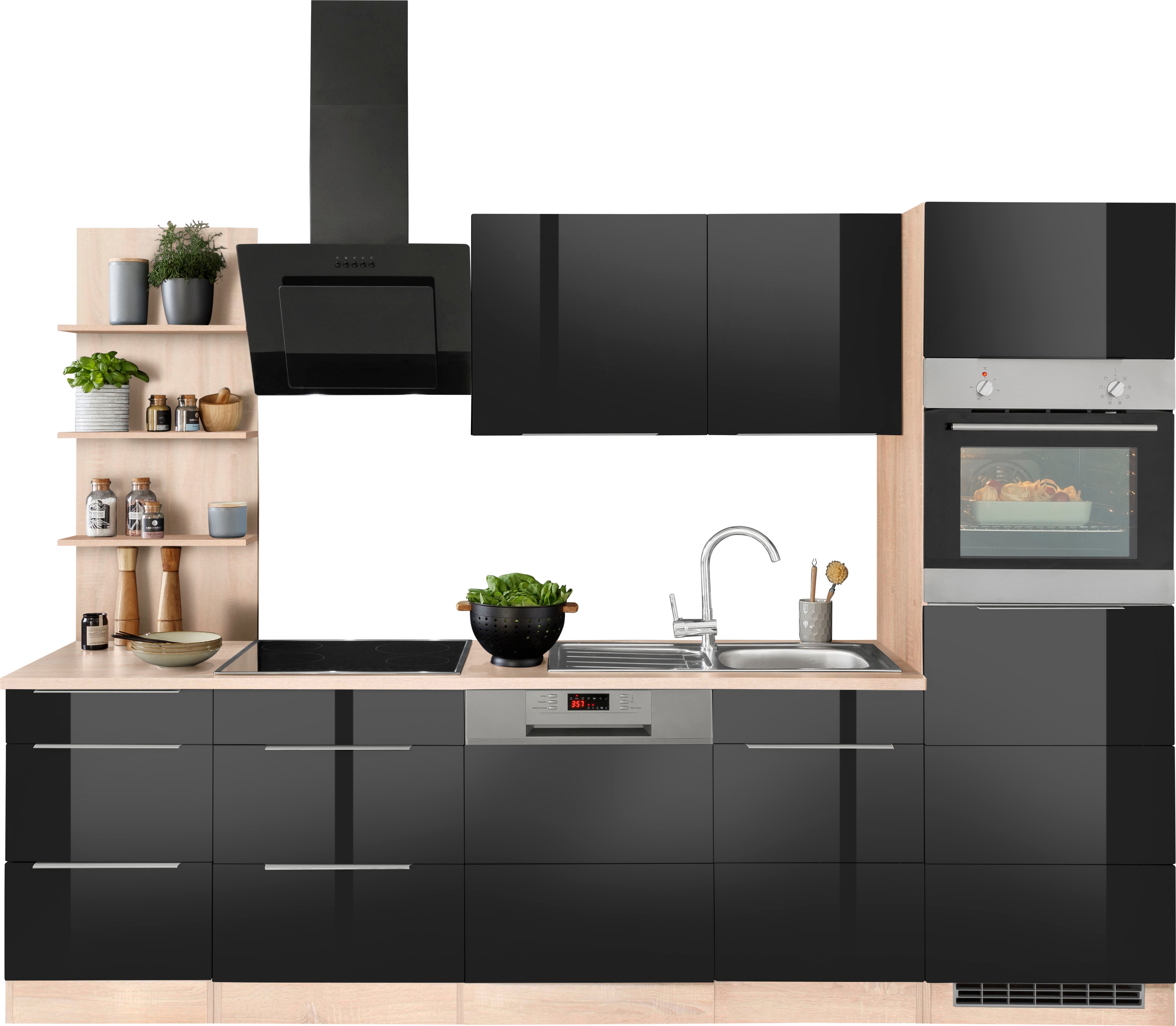 Küchenzeile KOCHSTATION "KS-Brindisi Breite 280 cm", schwarz (küche: schwarz, front: schwarz hochglanz, korpus: eichefarben, arbeitsplatte: eichefarben), B:280cm H:200cm T:60cm, Komplettküchen-Sets, Küchenzeile, wahlweise mit E-Geräten und...