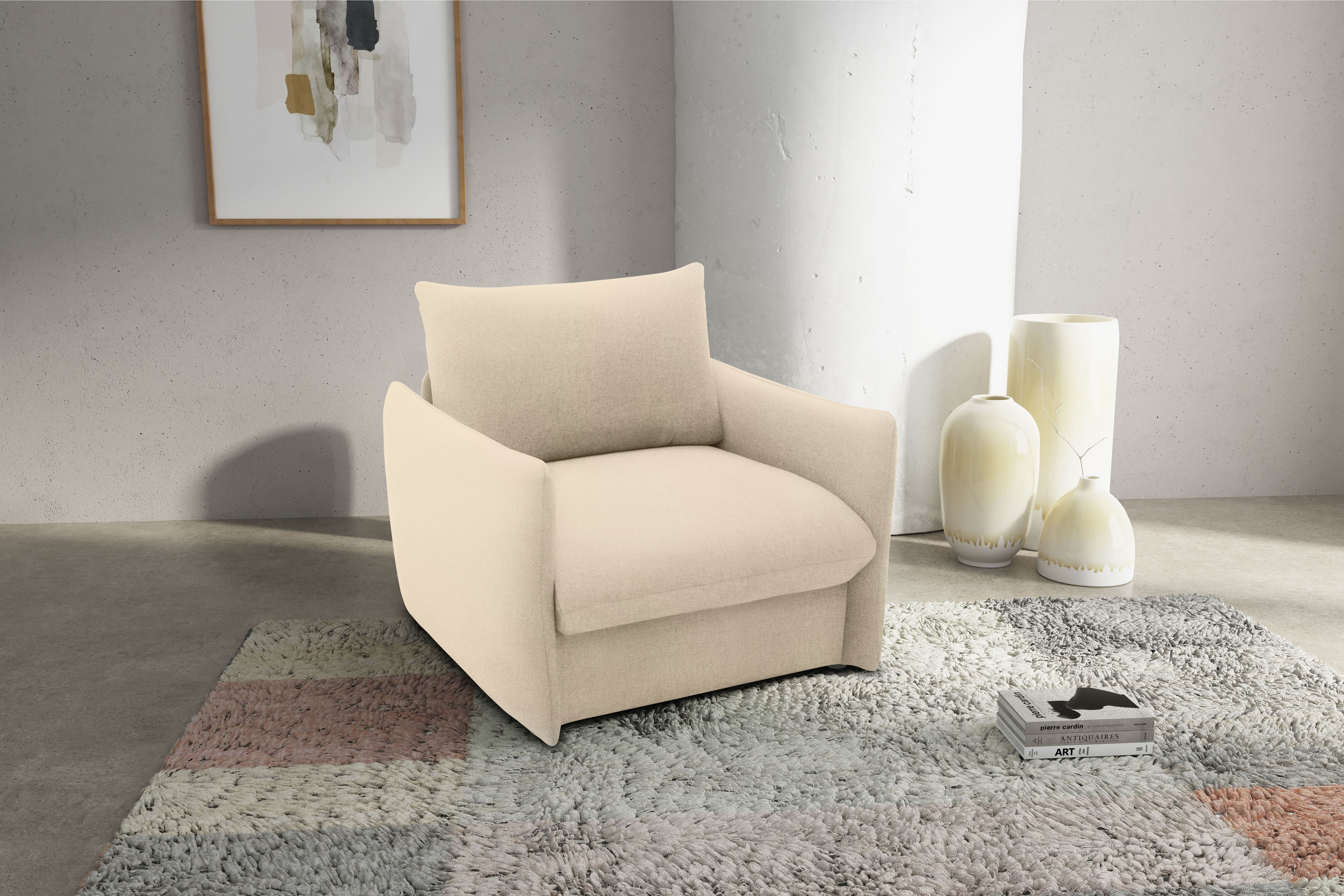 Sessel DOMO COLLECTION "700023 wandelbar zum Loungesessel, Relaxliege und Gästebett", beige, B:105cm H:95cm T:100cm, 95% Polyester, 5% Nylon, Sessel, Funktionssessel Schlafsessel Polstersessel, Schlaffunktion, Federkern, stabile Liegefläche ca. 70 x...