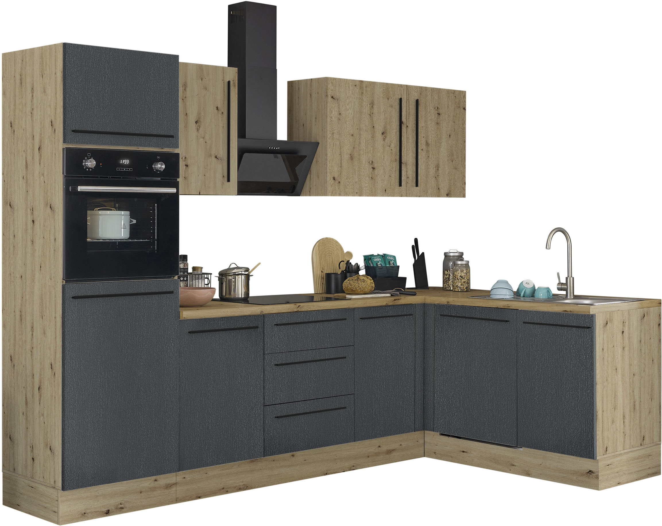 Winkelküche KOCHSTATION "Florida, Stellbreite 280x165 cm", schwarz (küche: schwarz, front: artisan eiche, schwarz matt, korpus: artisan eiche, arbeitsplatte: artisan eiche), B:280cm H:211cm T:60cm, Komplettküchen-Sets, wahlweise mit E-Geräten, mit...