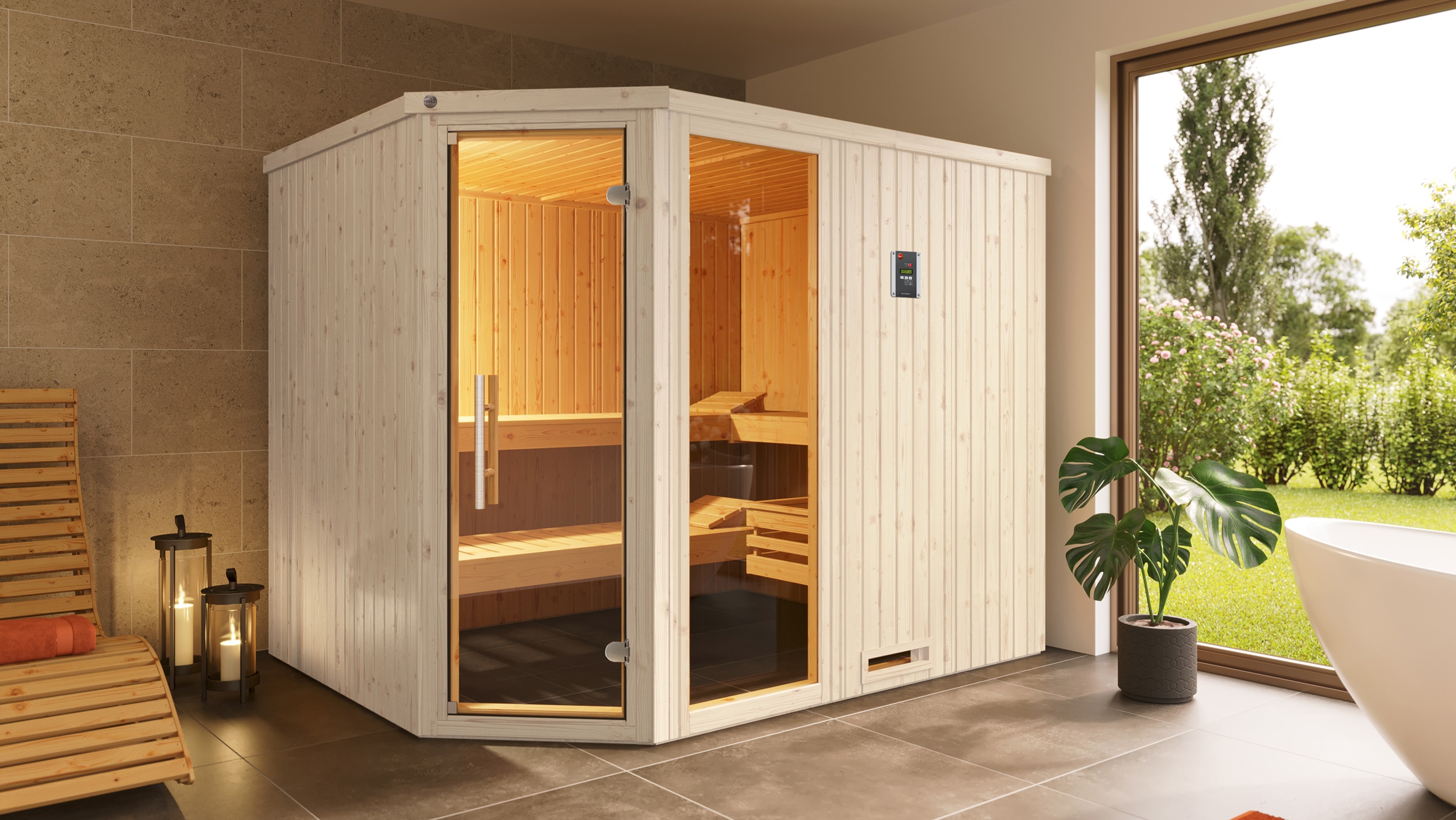 Sauna WEKA "Element-Ecksauna VARBERG 4", weiß, Bio-Ofen, externe Steuerung, 9 kW, Saunen, vorgefertigte Elemente, Fensterelement, moderne Ganzglastür