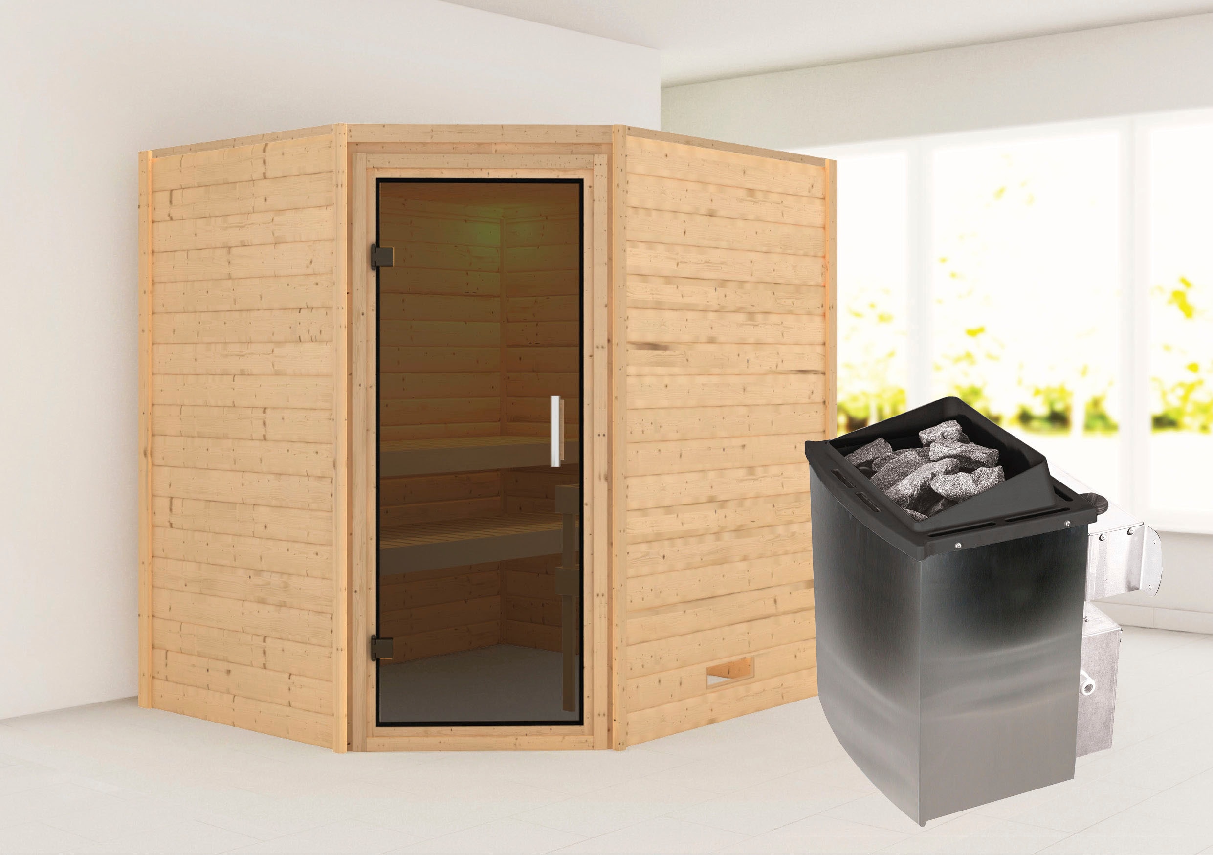 Sauna KARIBU "Mia (Fronteinstieg)", beige (naturbelassen), (ohne Ofen), Saunen, Ofen 9 kW integr. Strg Image