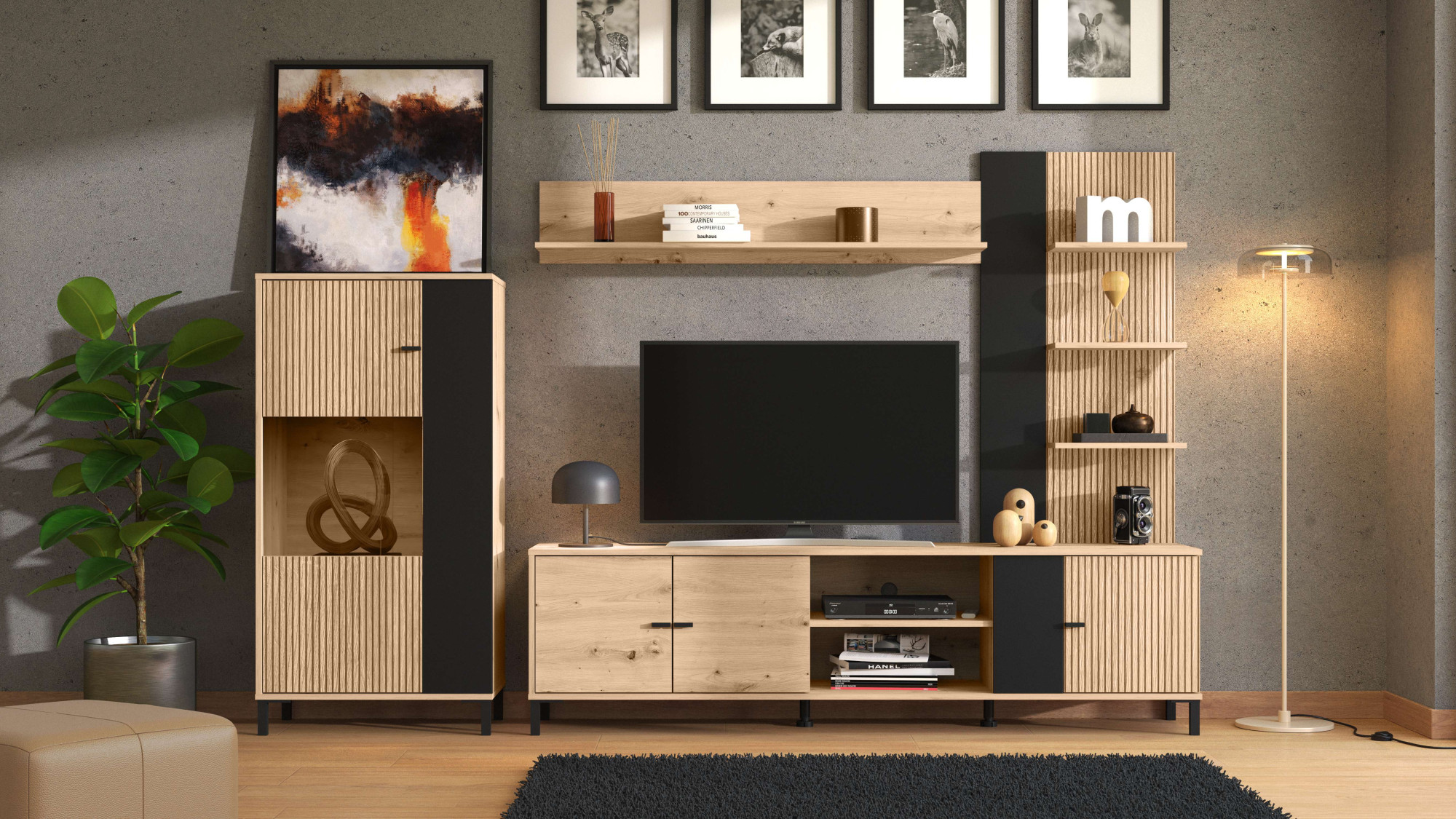 Wohnwand INOSIGN "Avignon, inkl. Highboard, TV-Board, Standregal und Wandregal", beige, B:263cm H:167cm T:40cm, Hartfaserplatte, Kunststoff, Metall, Spanplatte, Kastenmöbel-Sets, Wohnwand, 263 cm, Trendfarben, mit dekorativen schwarzen Streifen, TV...