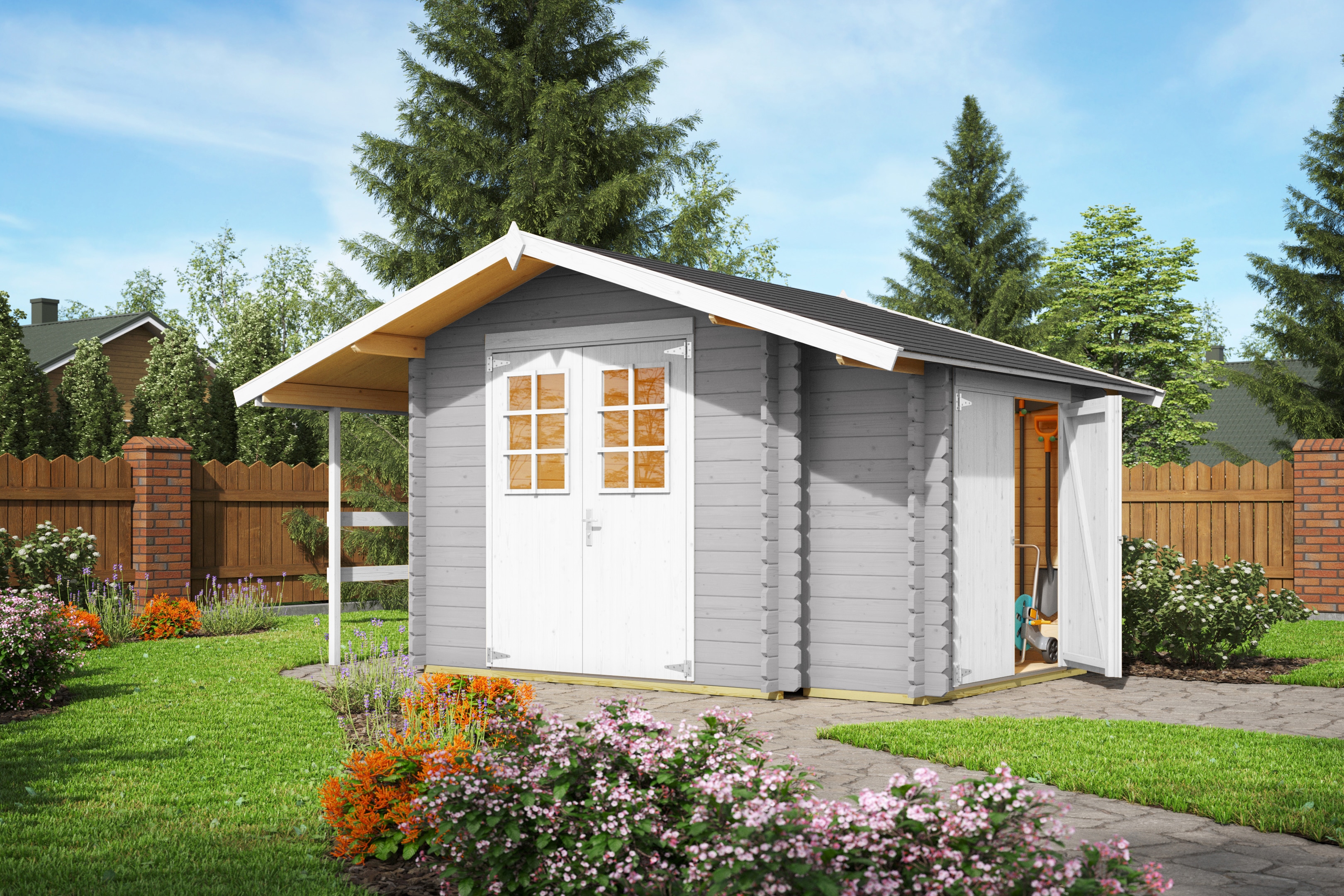 Gartenhaus NORDIC HOLZ "Vilano 2", grau (lichtgrau), Fußboden im Gartenhaus, Massivholzdach, Holz, Gartenhäuser, Gartenhaus, mit 3 getrennten Bereiche