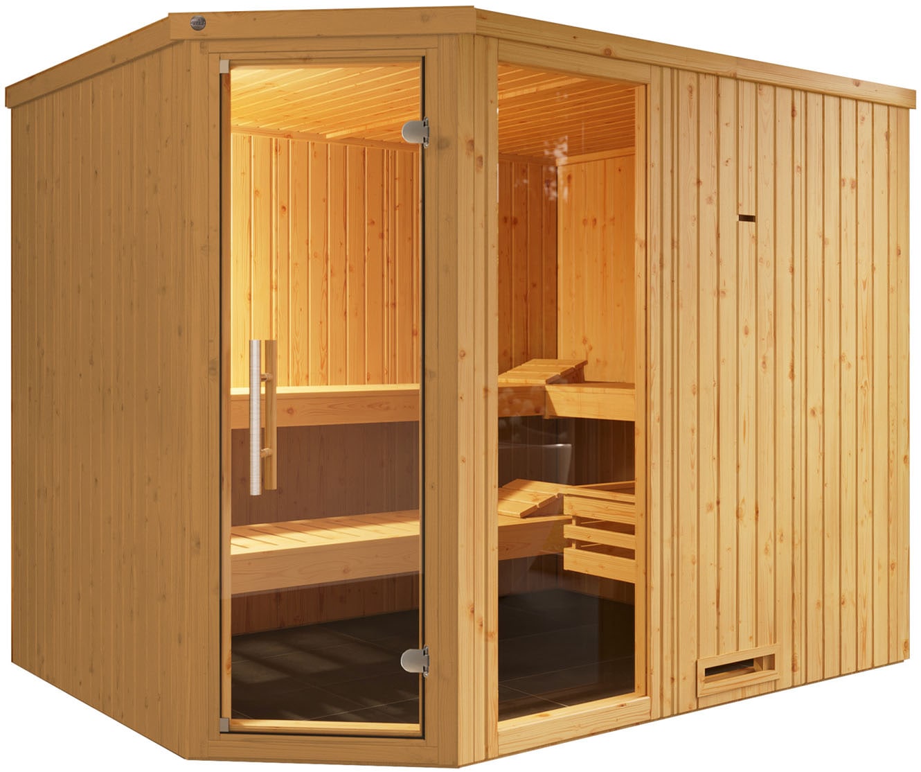 Sauna WEKA "Element-Ecksauna VARBERG 4", beige (natur), Saunaofen, integrierte Steuerung, 9 kW, Saunen, vorgefertigte Elemente, Fensterelement, moderne Ganzglastür