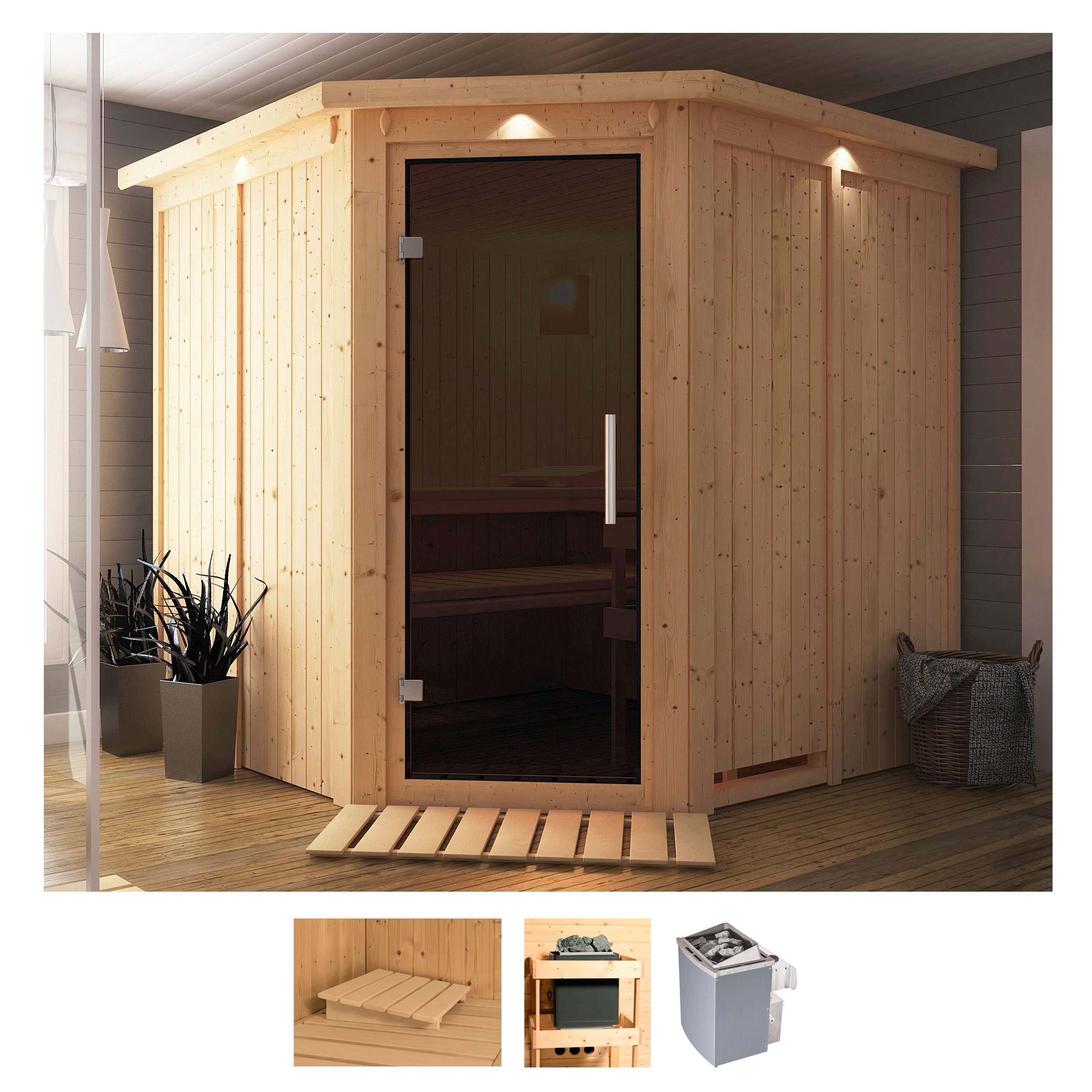 Sauna KARIBU "Jarin", beige (naturbelassen), Saunaofen, integrierte Steuerung, 9 kW, Saunen, 9-kW-Ofen mit integrierter Steuerung Image