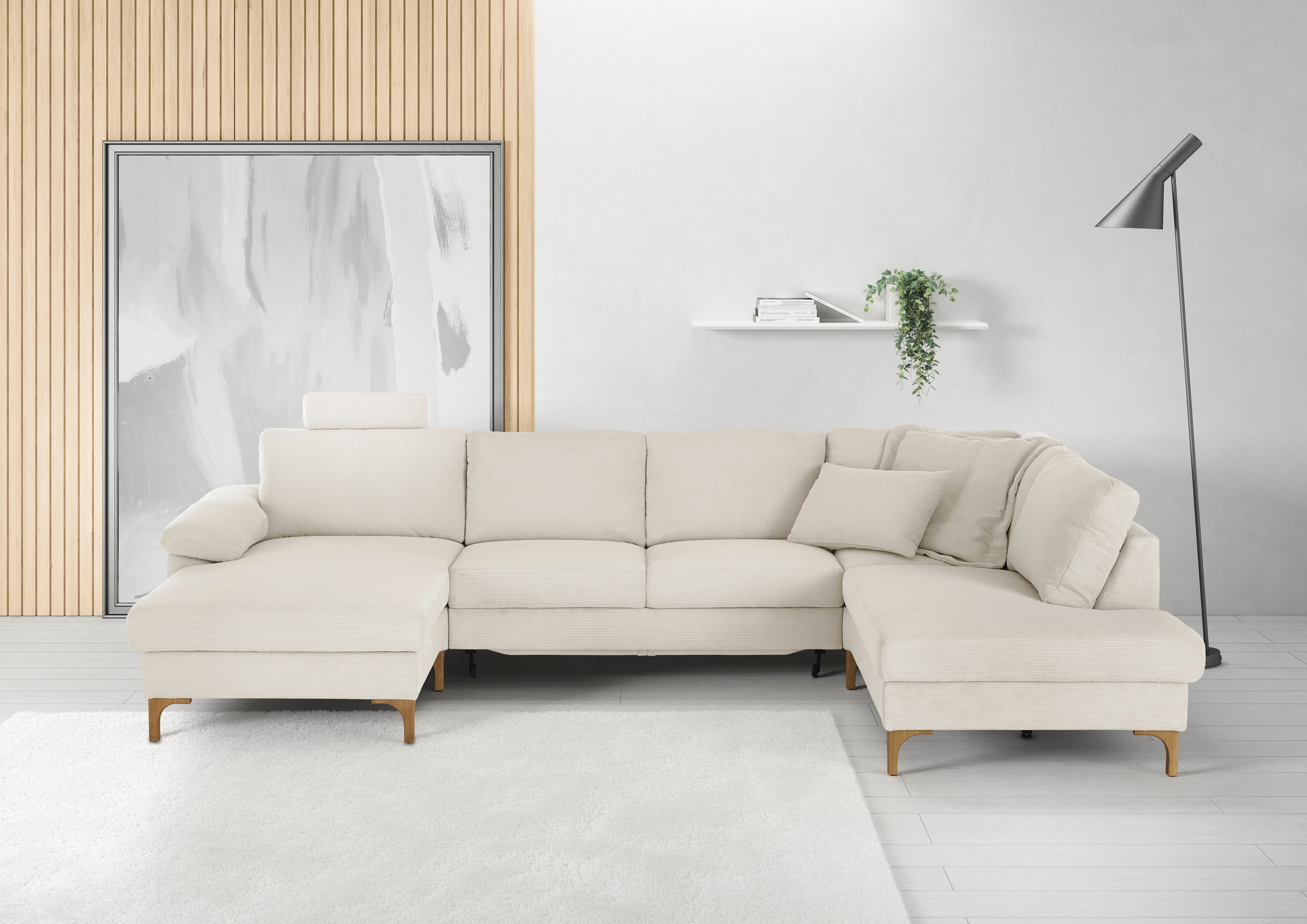 Wohnlandschaft 3C CANDY "Lecce, wahlweise PUR-Schaumstoff oder Tonnentaschenfederkern U-Form", weiß, B:339cm H:86cm T:220cm, 95% Polyester, 5% Nylon, Sofas, Wohnlandschaft, Bettkasten in Umbauecke und Longchair, sowie Querschläfer im 2-Sitzer