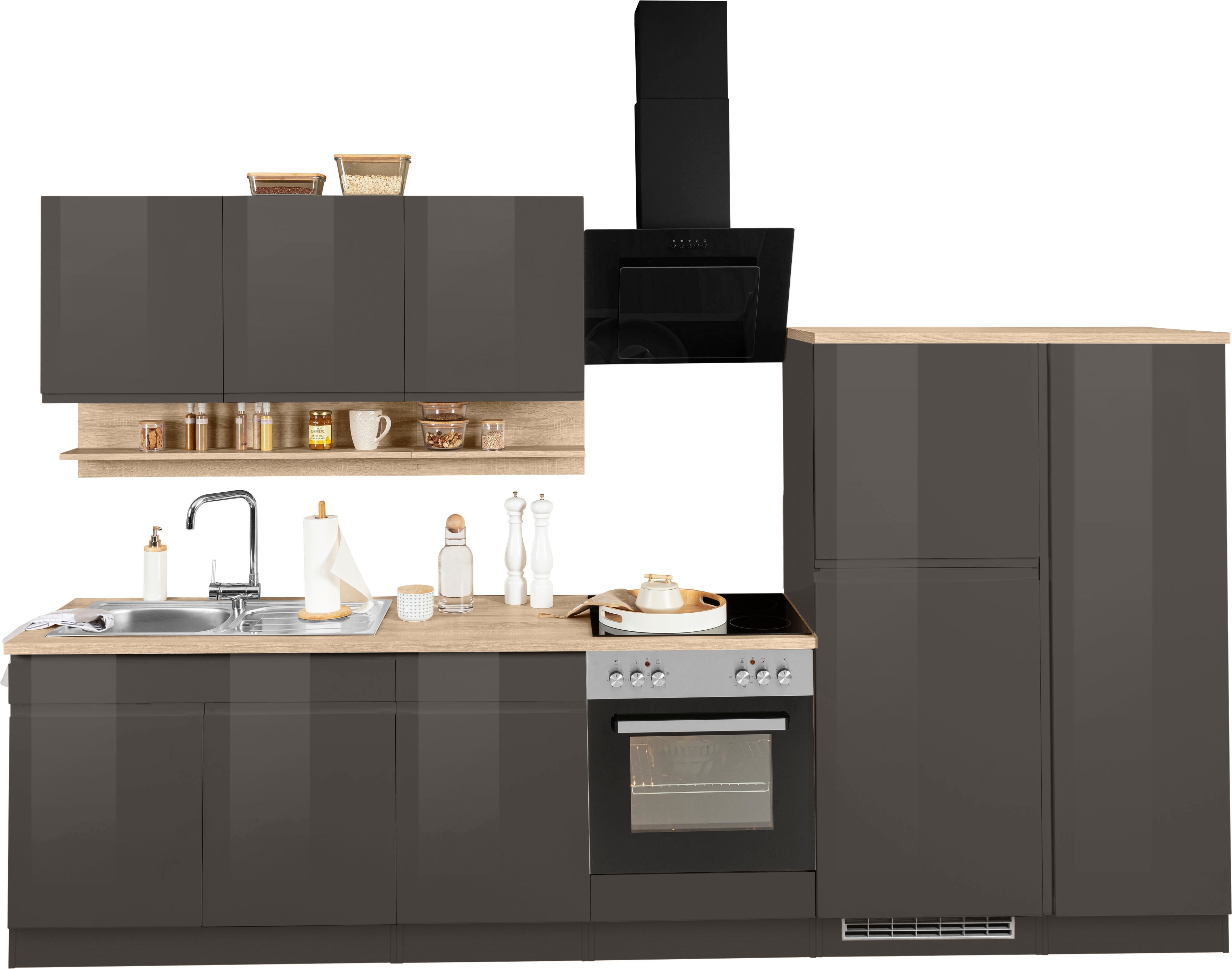 Küchenzeile KOCHSTATION "KS-Virginia", grau (küche: grau, front: grau hochglanz, korpus: graphit, arbeitsplatte: eiche sonoma), B:320cm H:200cm T:60cm, Komplettküchen-Sets, Breite 320 cm, wahlweise mit E-Geräten Image