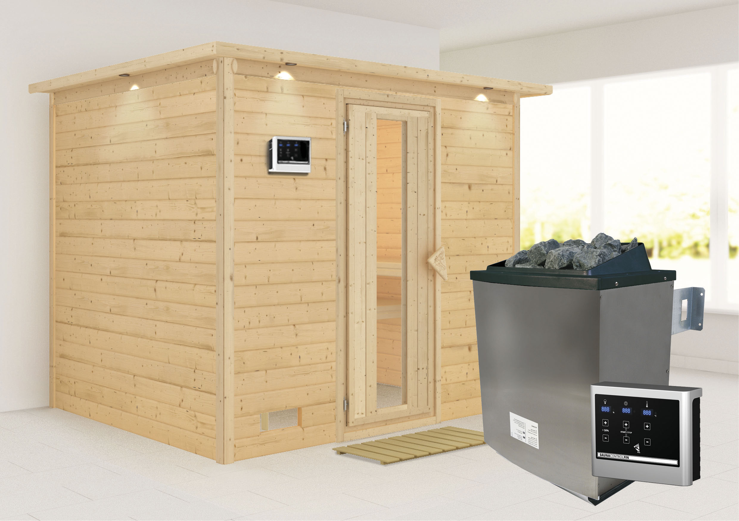 Sauna KARIBU "Soraja", beige (naturbelassen), Saunaofen, externe Steuerung, 9 kW, Saunen, Ofen 9 KW externe Strg easy