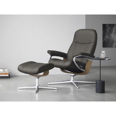Relaxsessel STRESSLESS "Consul", grau (metal grau paloma), B:78cm H:97cm T:70cm, Leder PALOMA: PALOMA ist ein durchgefärbtes Semianilin-Möbelleder mit natürlicher Narbung., Sessel, mit Hocker, mit Cross Base, Größe S, M & L, Holzakzent Eiche Image
