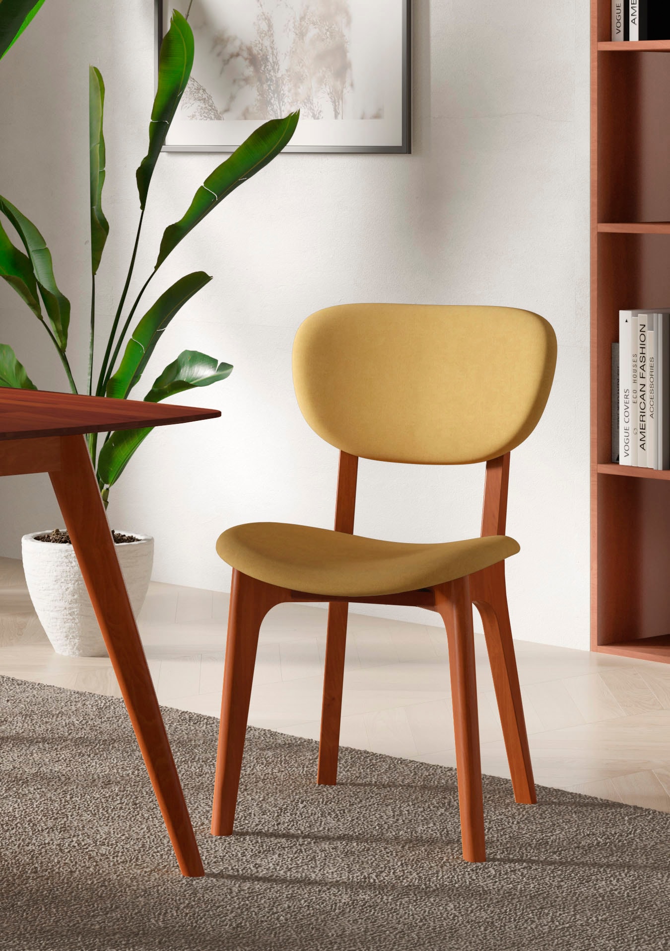 Stuhl INOSIGN "COZY Made in Italy", gelb (gelb, kirsch), B:50cm H:88cm T:62cm, Polyester, Stühle, Polsterstuhl Esszimmerstuhl 4-Fuß-Stuhl, Gestell in Buche, Kirsch- oder Nussbaum, Massivholz, Design Stuhl