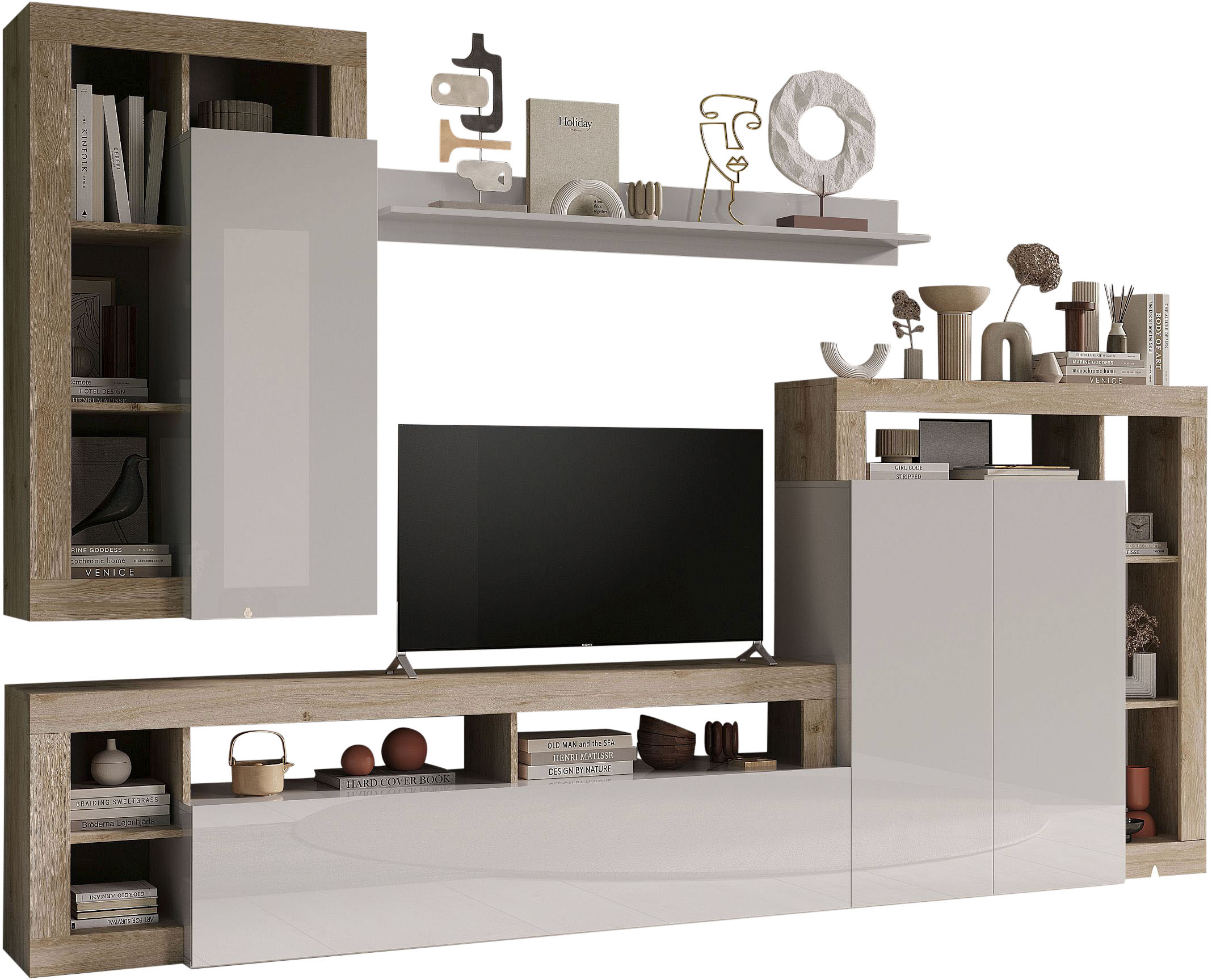 Wohnwand INOSIGN "Hamburg", braun (weiß, eiche cadiz nb), B:290cm H:210cm T:42cm, Kastenmöbel-Sets