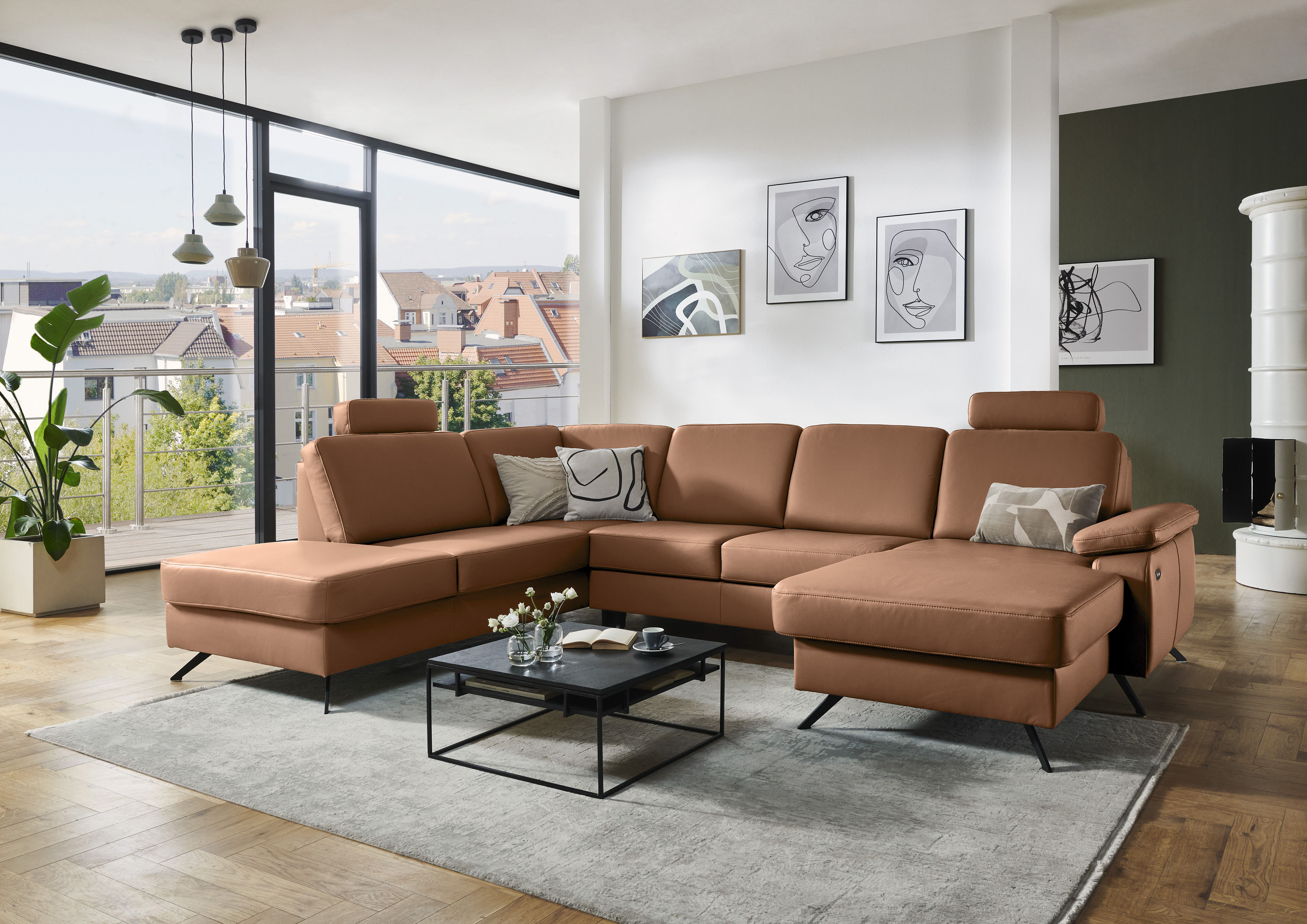 Wohnlandschaft DIE PLANBAR "PN-EM15047 U-Form, mit Kopfstützen", parkett, B:309cm H:104cm T:235cm, Sofas, Wohnlandschaft, Echtleder, wahlweise mit Bettfunktion u. Stauraum