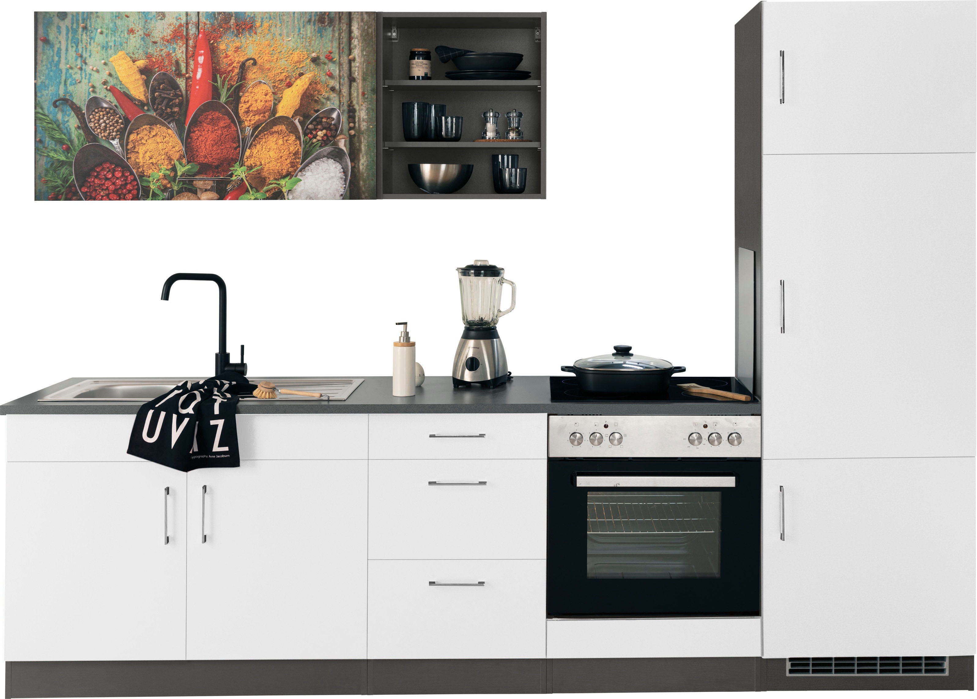 Küchenzeile KOCHSTATION "KS-Paris", weiß (küche: weiß, korpus: grafit, arbeitsplatte: anthrazit), B:270cm T:60cm, Komplettküchen-Sets, ohne E-Geräte, Breite 270 cm Image