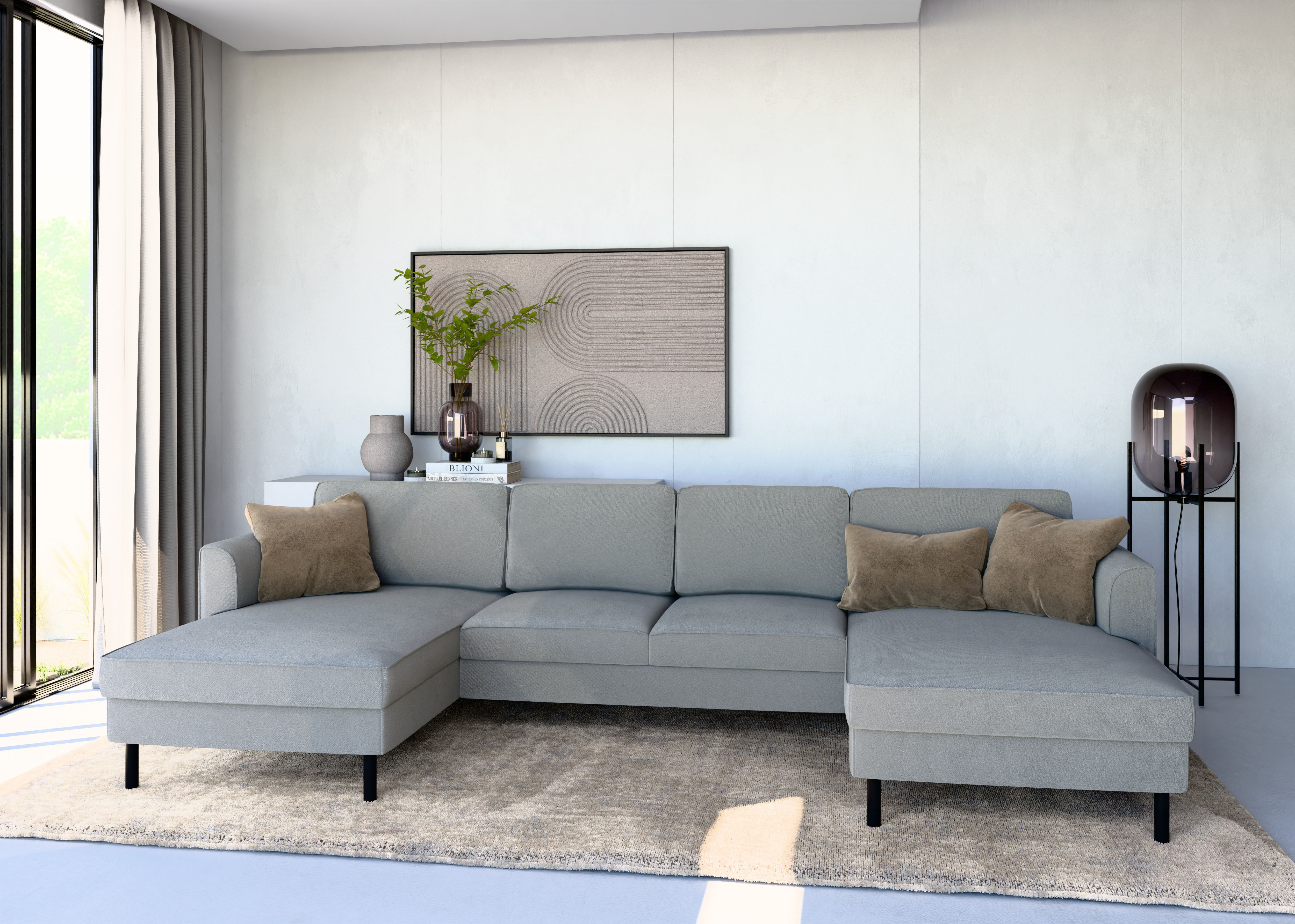 Wohnlandschaft HOME AFFAIRE "Booster II, whlw. mit Schlaffunktion & Bettkasten, Fuß schwarz", schlamm, B:305cm H:83cm T:161cm, 100% Polyester, Sofas, Sofa in U-Form, Breite 305 cm