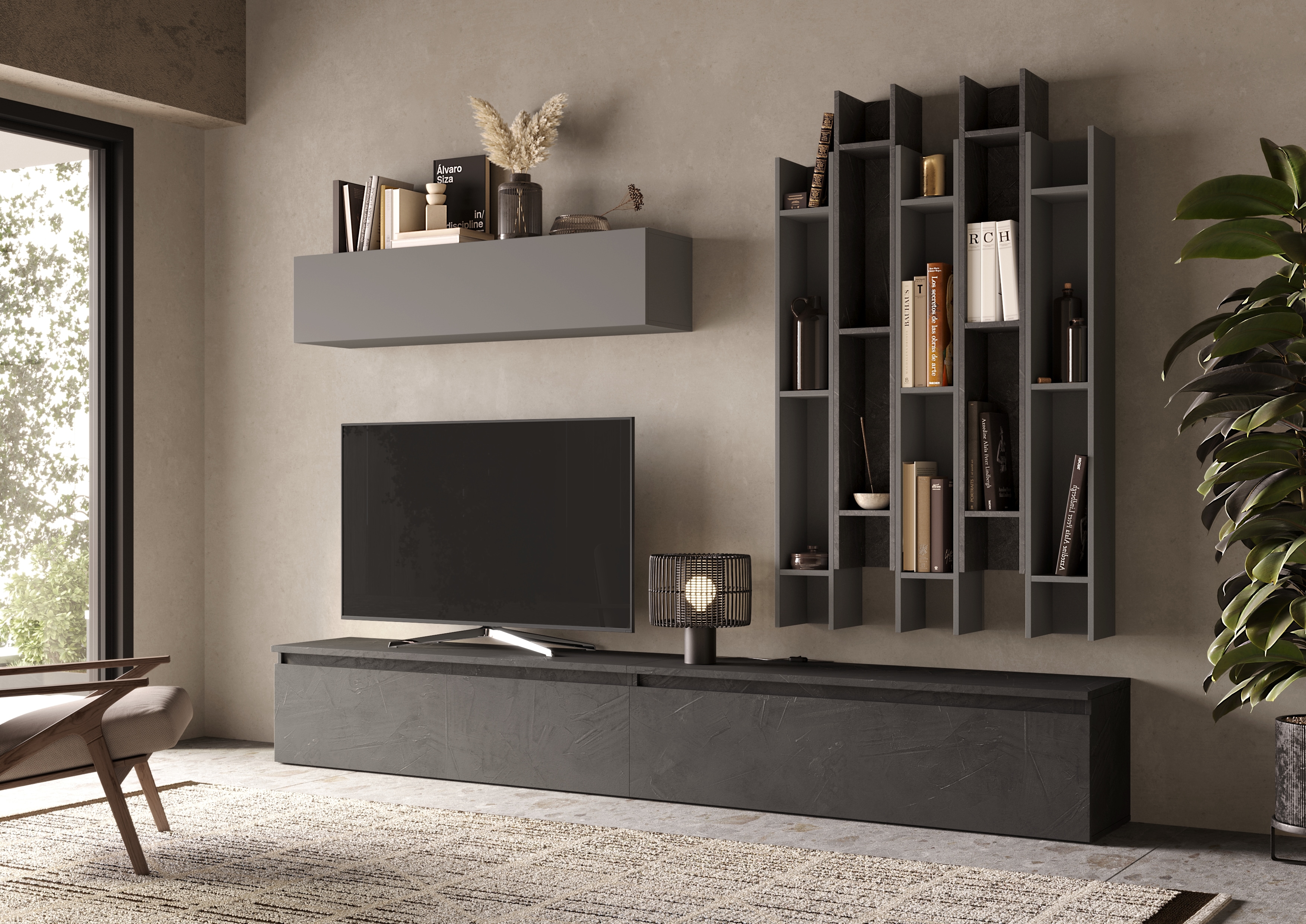 Wohnwand INOSIGN "Infinity, 8tlg. Breite 276 cm, Höhe variabel, Schrankwand, Anbauwand", grau (steingrau (ardesia), bleigrau (piombo)), B:276cm H:200cm T:40cm, Holzwerkstoff, Kastenmöbel-Sets, Wohnwand, (2x Lowboard, Hängeschrank, 5x Wandregal)